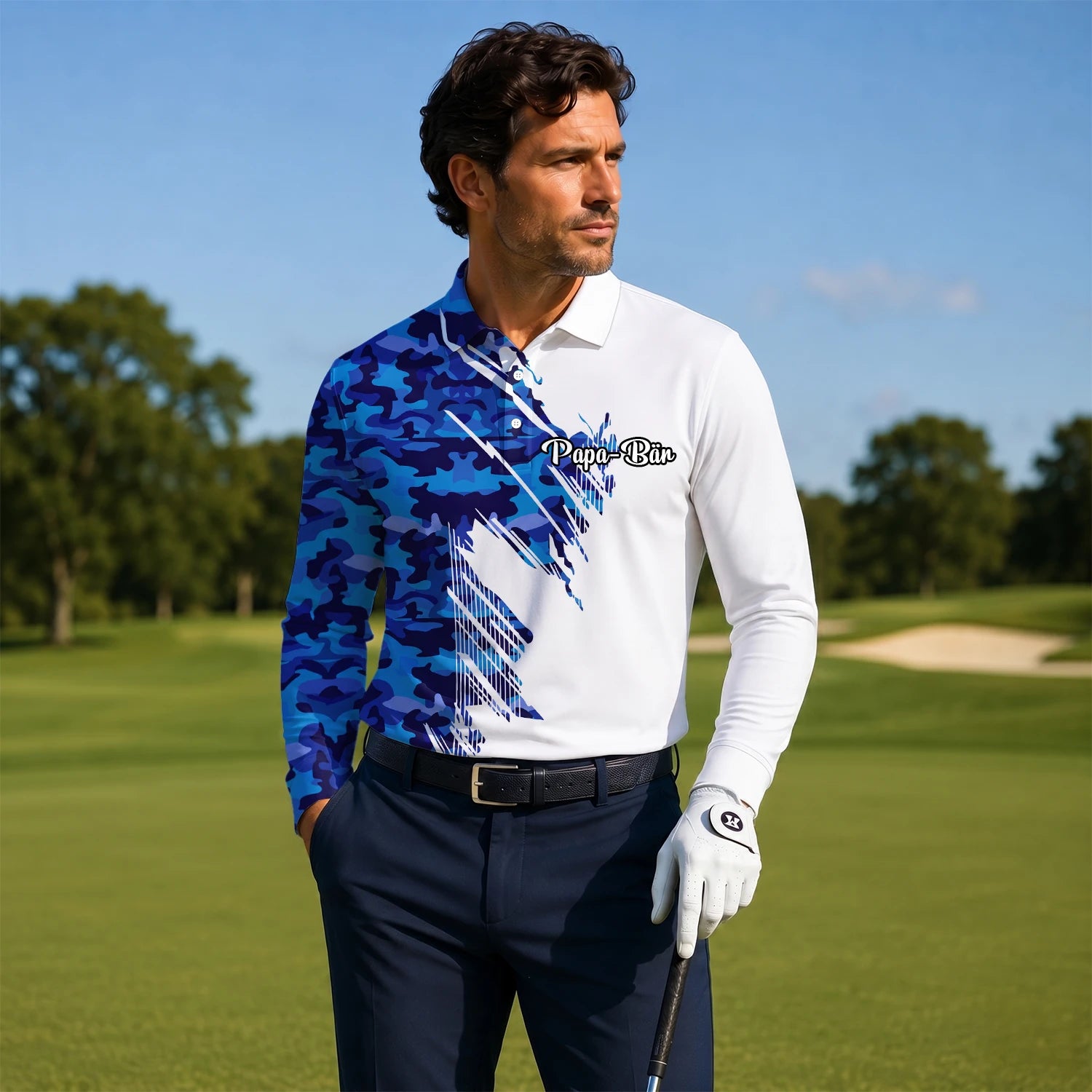 Personalised White Blue Camo Brush Stroke Golf Polo Shirt For Men M3845