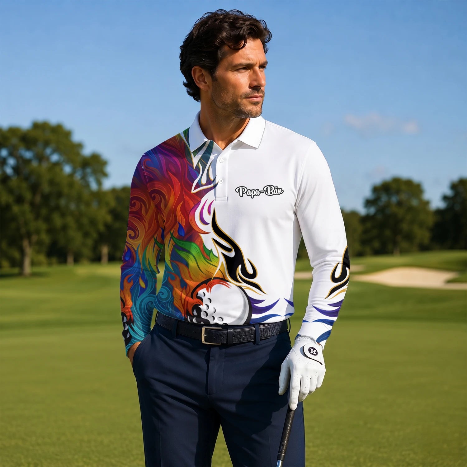 Personalised White Rainbow Flame Golf Ball Golf Polo Shirt For Men P6012