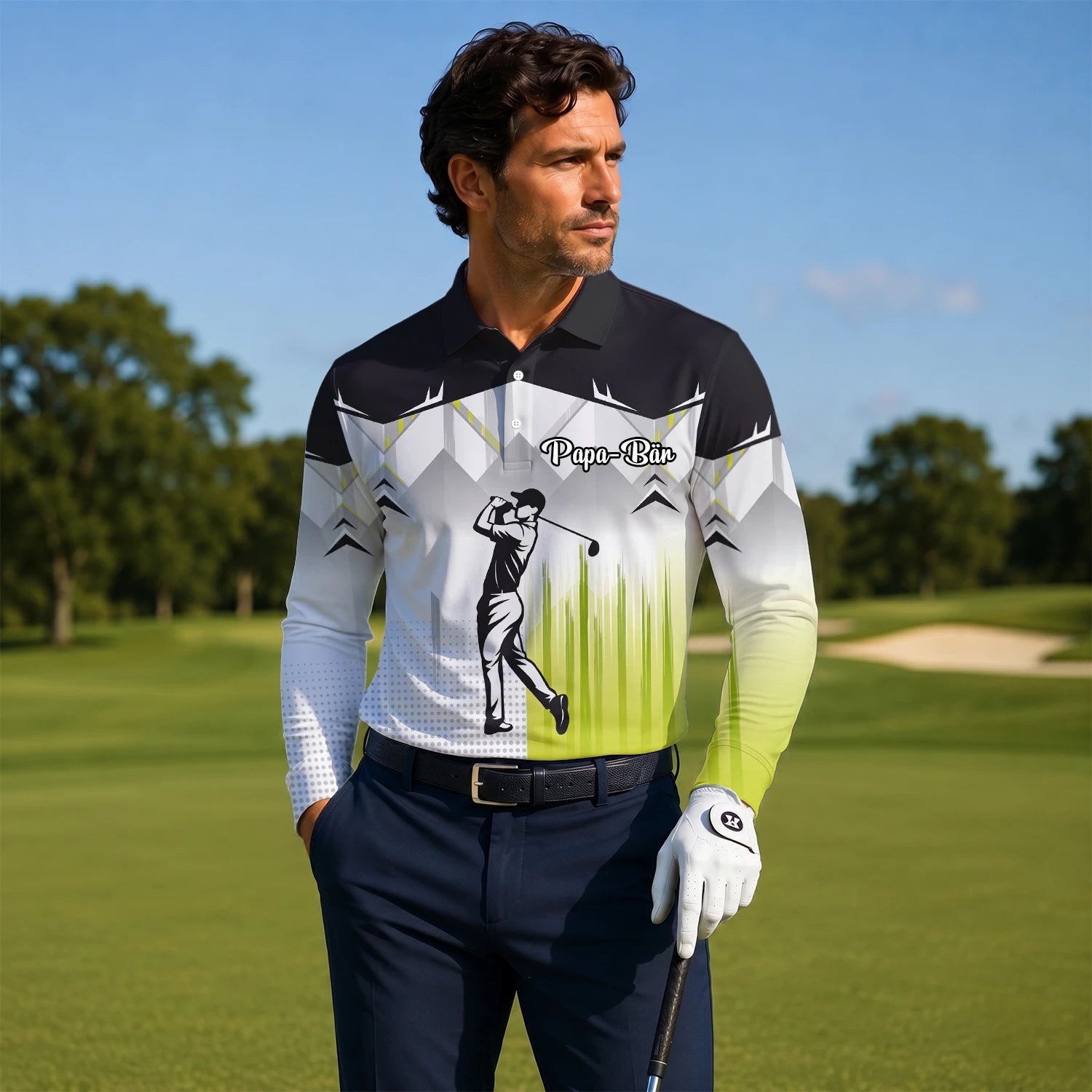 Personalised Black Grey Lime Golfer Silhouette Golf Polo Shirt For Men F4552