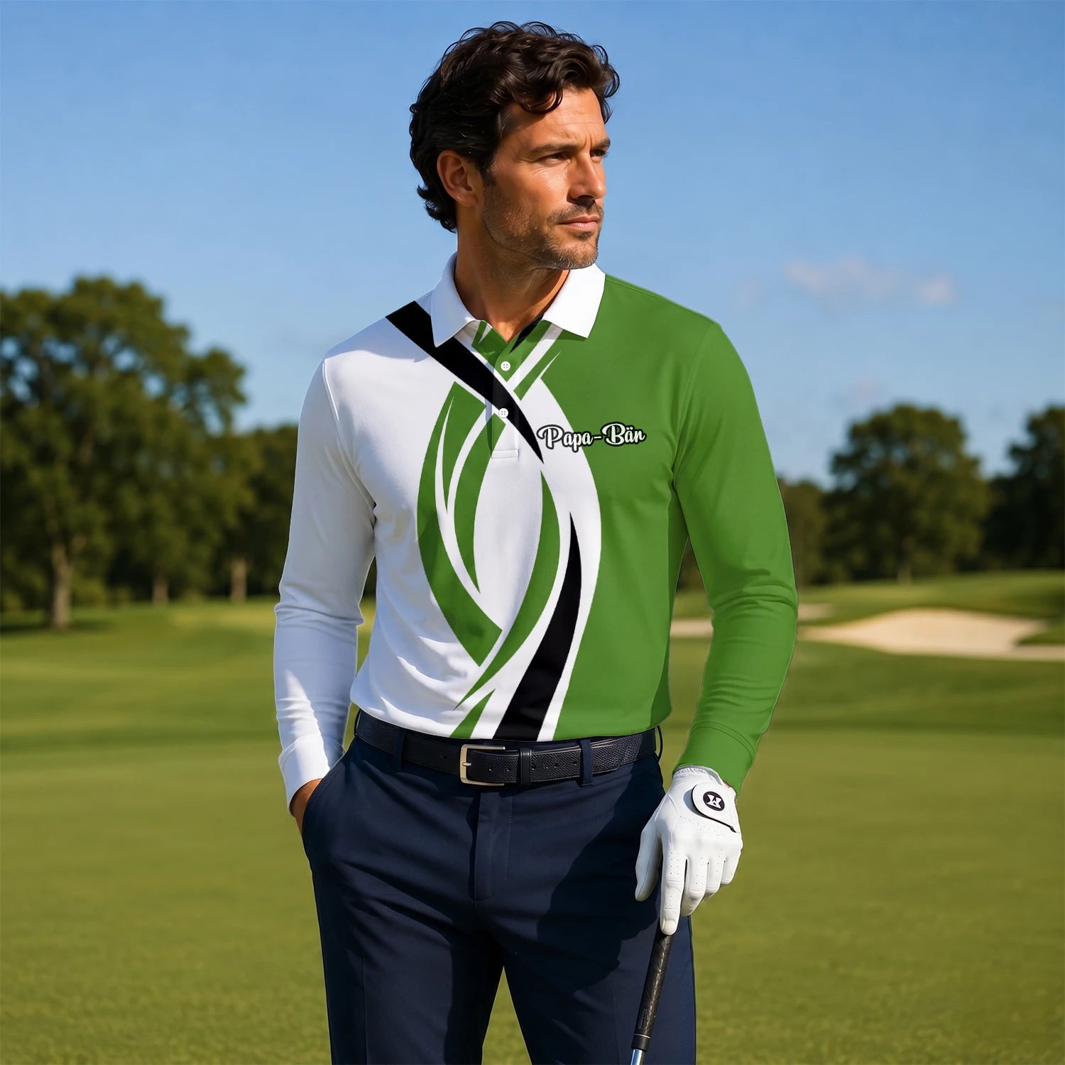 Personalised White Green Black Abstract Wave Golf Polo Shirt For Men P7352