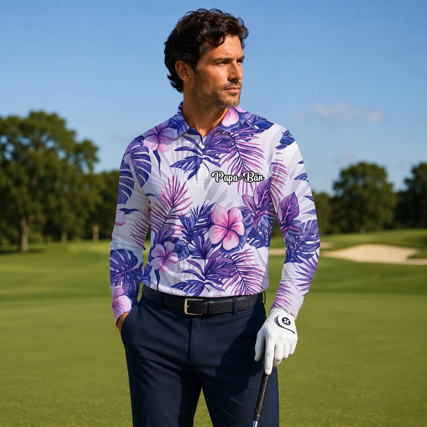 Personalised White Purple Tropical Hibiscus Leaf Golf Polo Shirt For Men H1054