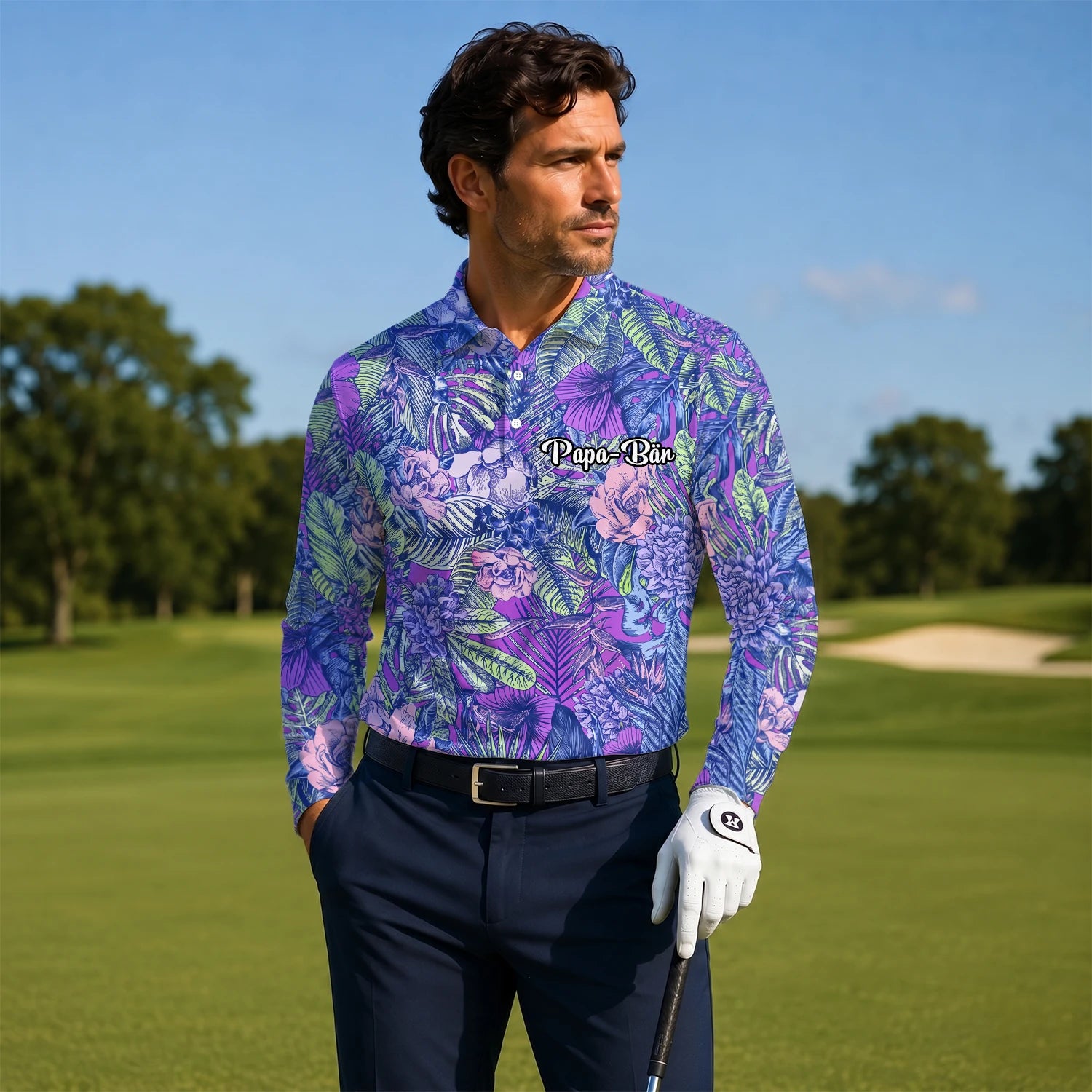 Personalised Purple Blue Tropical Floral Leaf Golf Polo Shirt For Men B8037