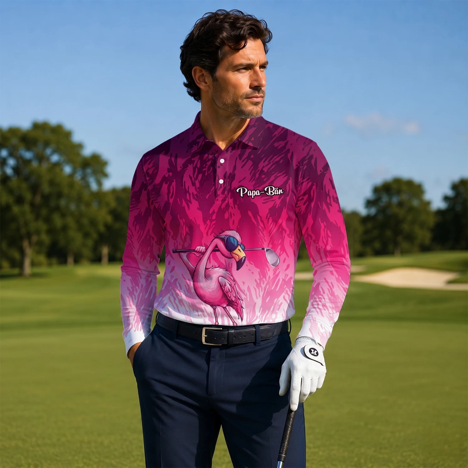 Personalised Pink Flamingo Golfer Paint Splash Golf Polo Shirt For Men R4990