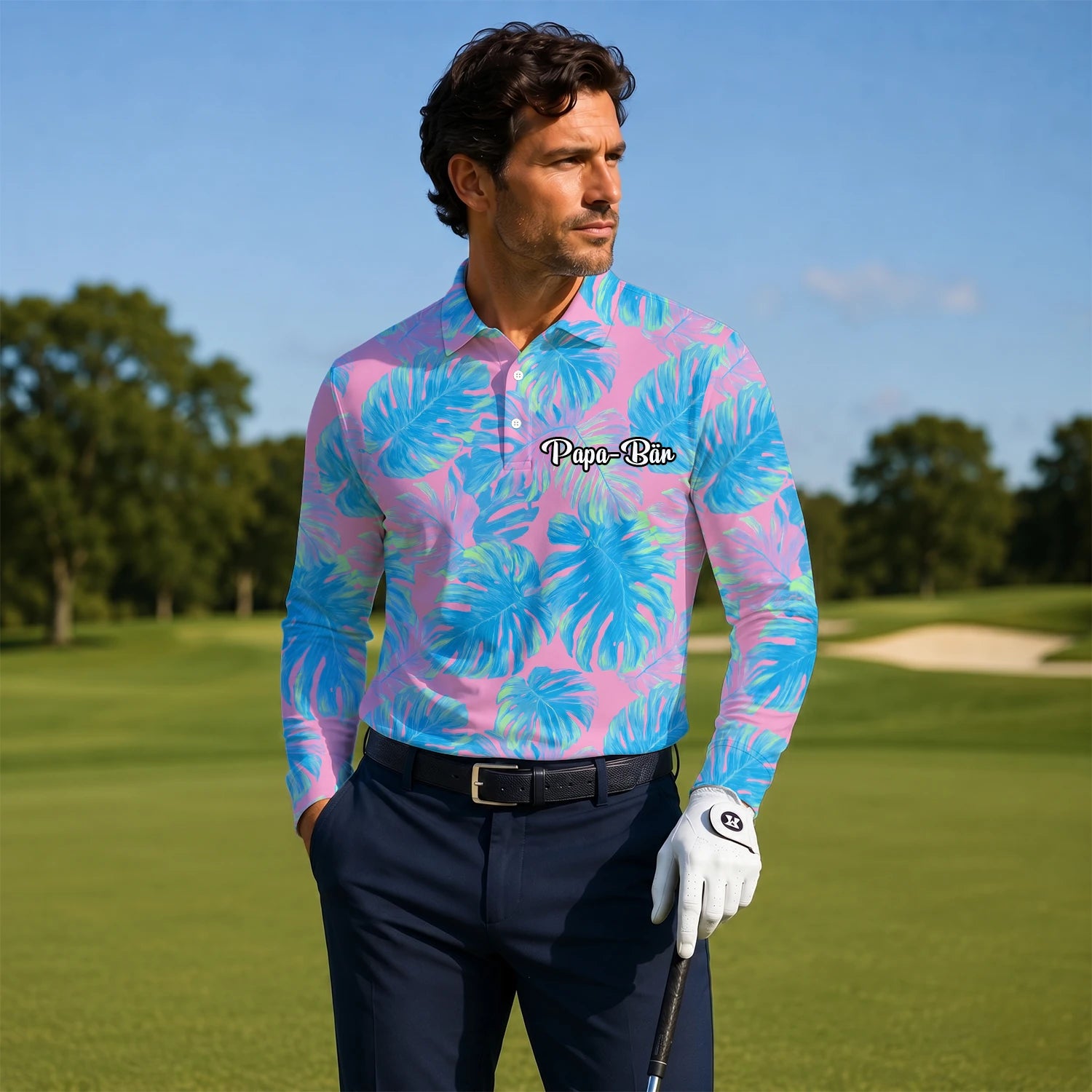 Personalised Pink Turquoise Tropical Monstera Leaf Golf Polo Shirt For Men C8385