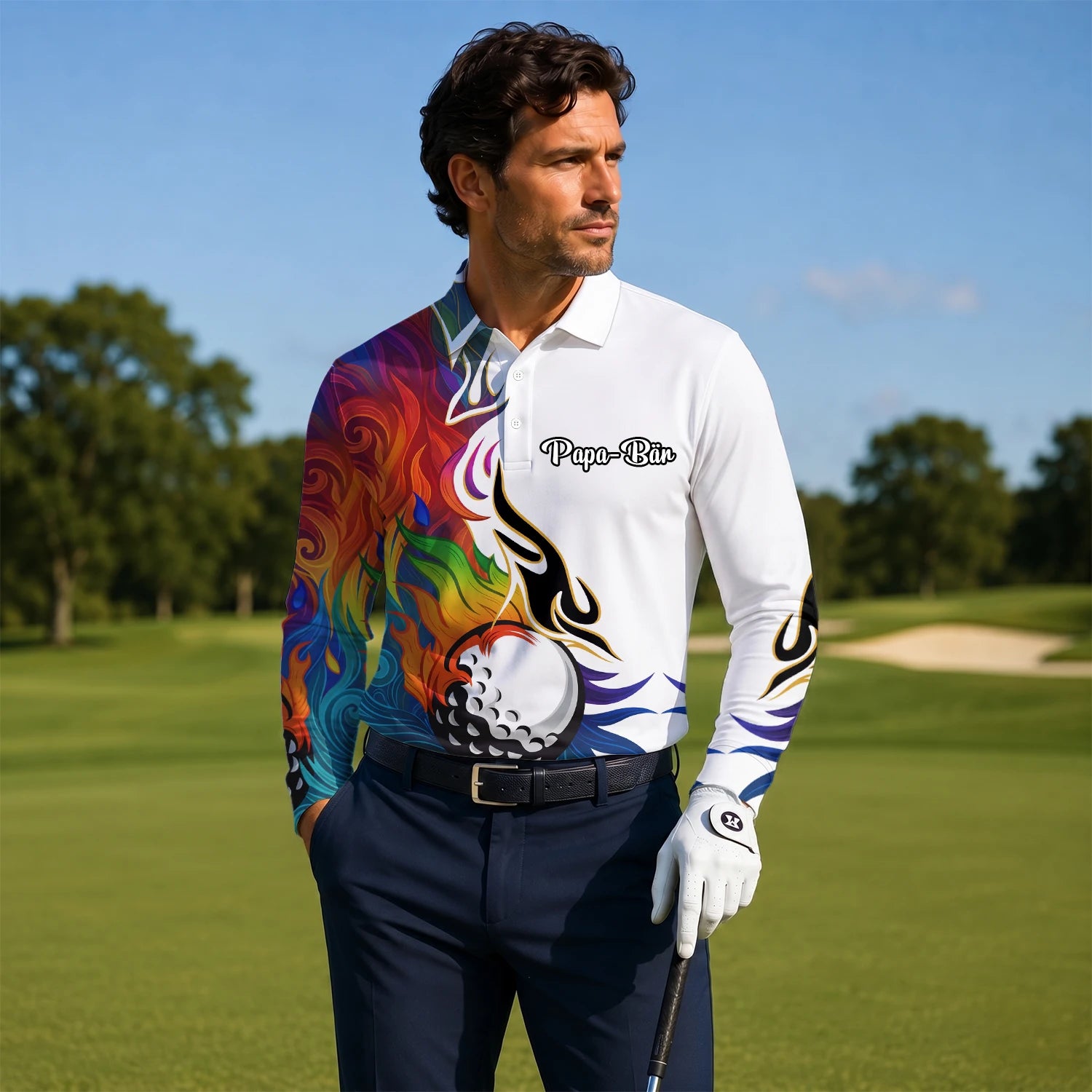 Personalised White Rainbow Flame Golf Ball Golf Polo Shirt For Men P6012