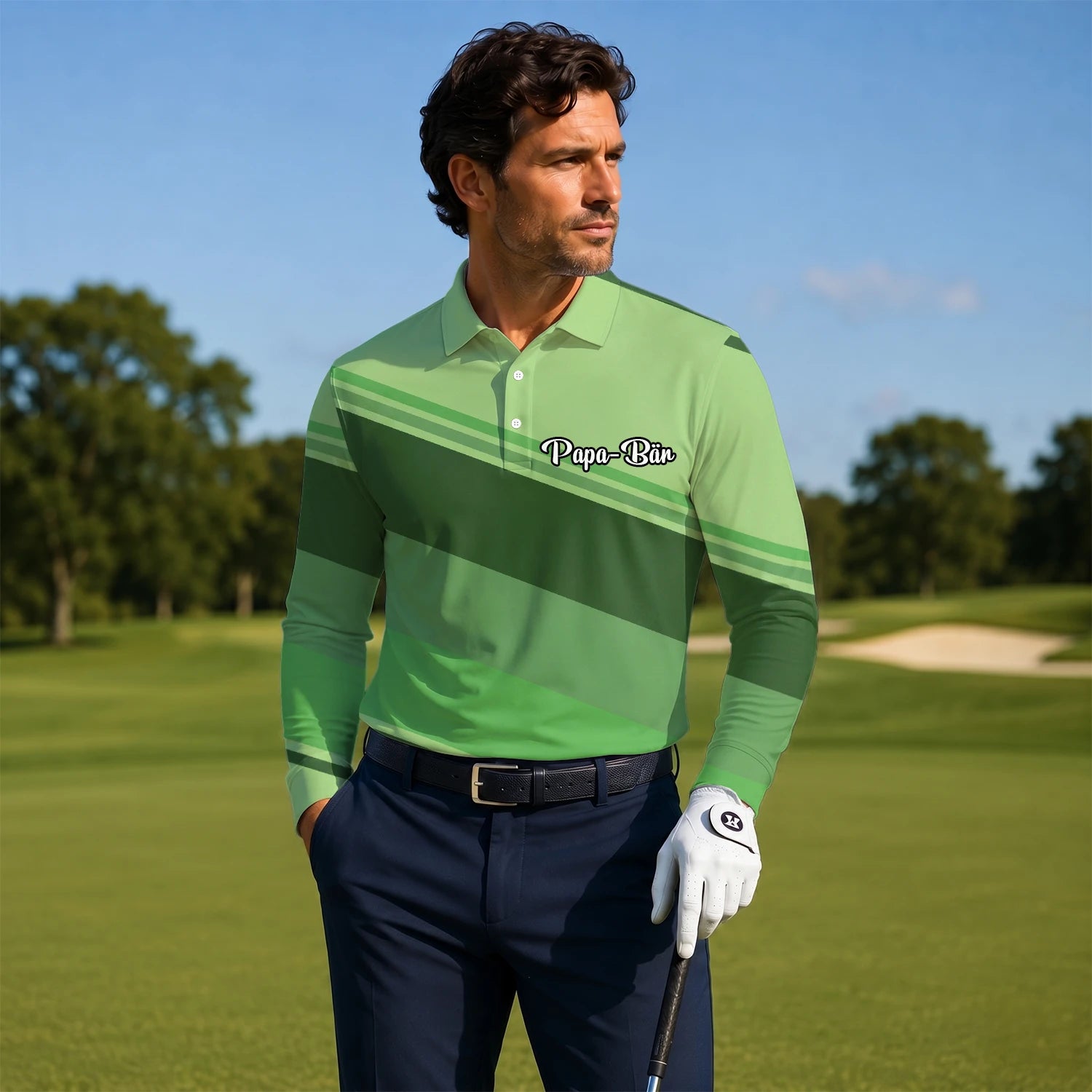 Personalised Light Green Geometric Stripe Golf Polo Shirt For Men S1599