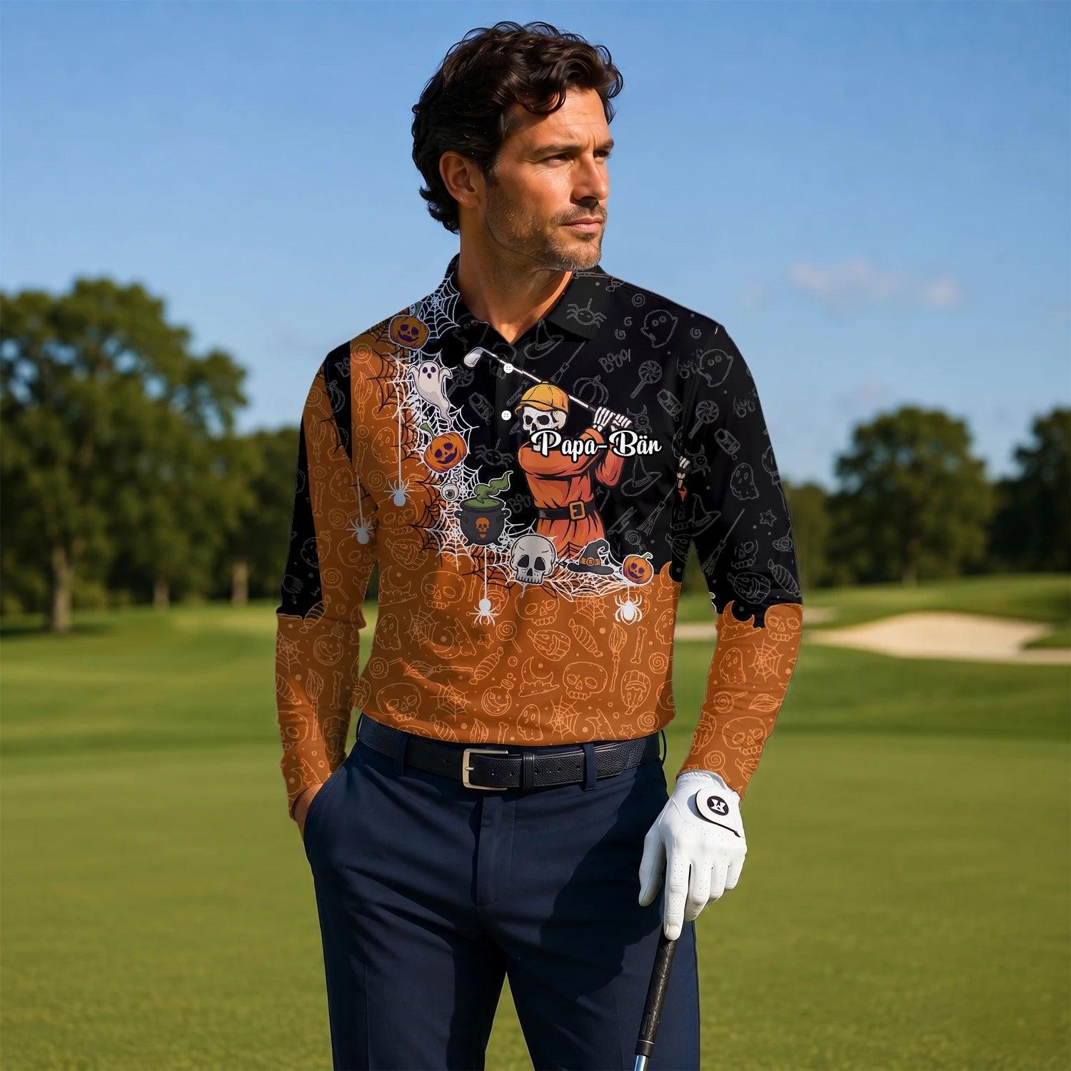 Personalised Black Orange Halloween Skeleton Golfer Web Golf Polo Shirt For Men Y5076