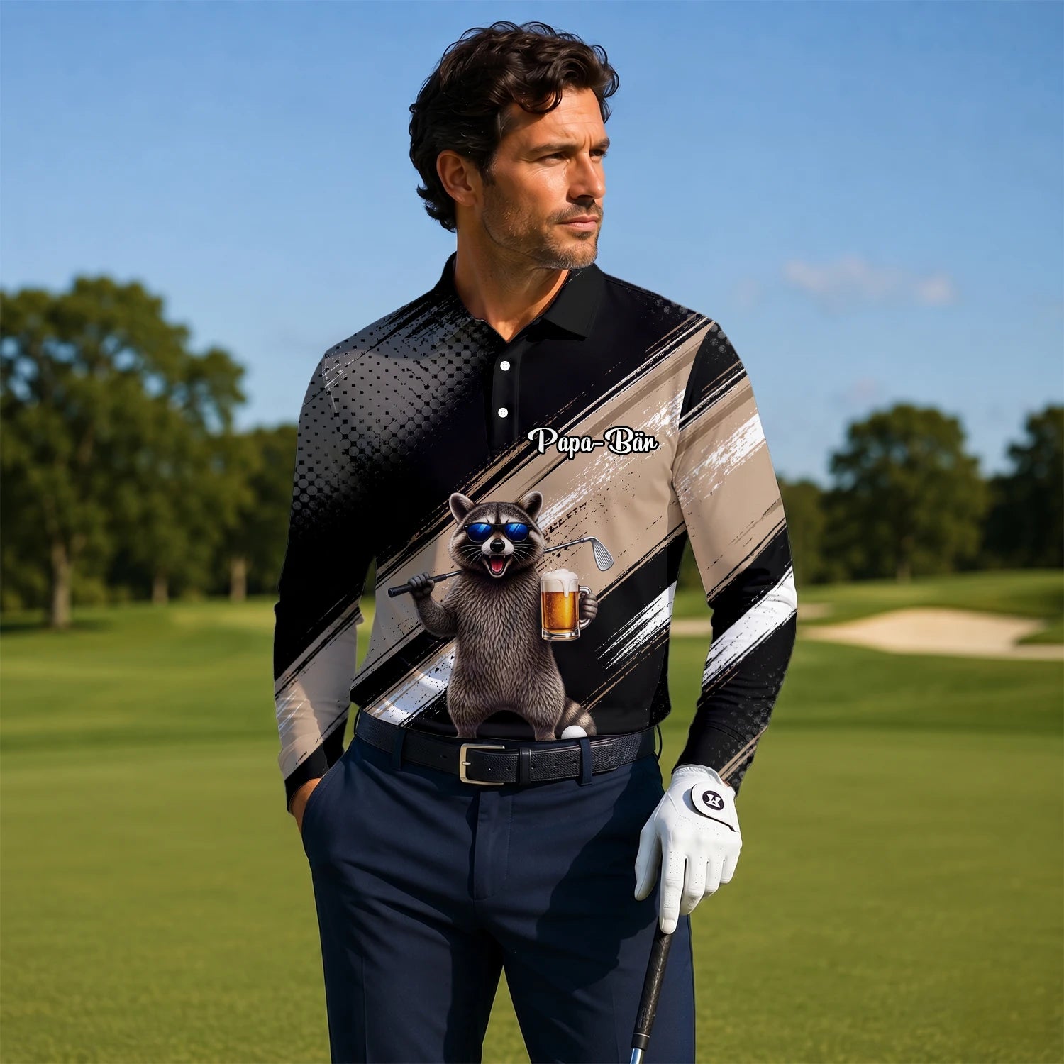 Personalised Black Beige Raccoon Beer Golfer Cartoon Golf Polo Shirt For Men K7921