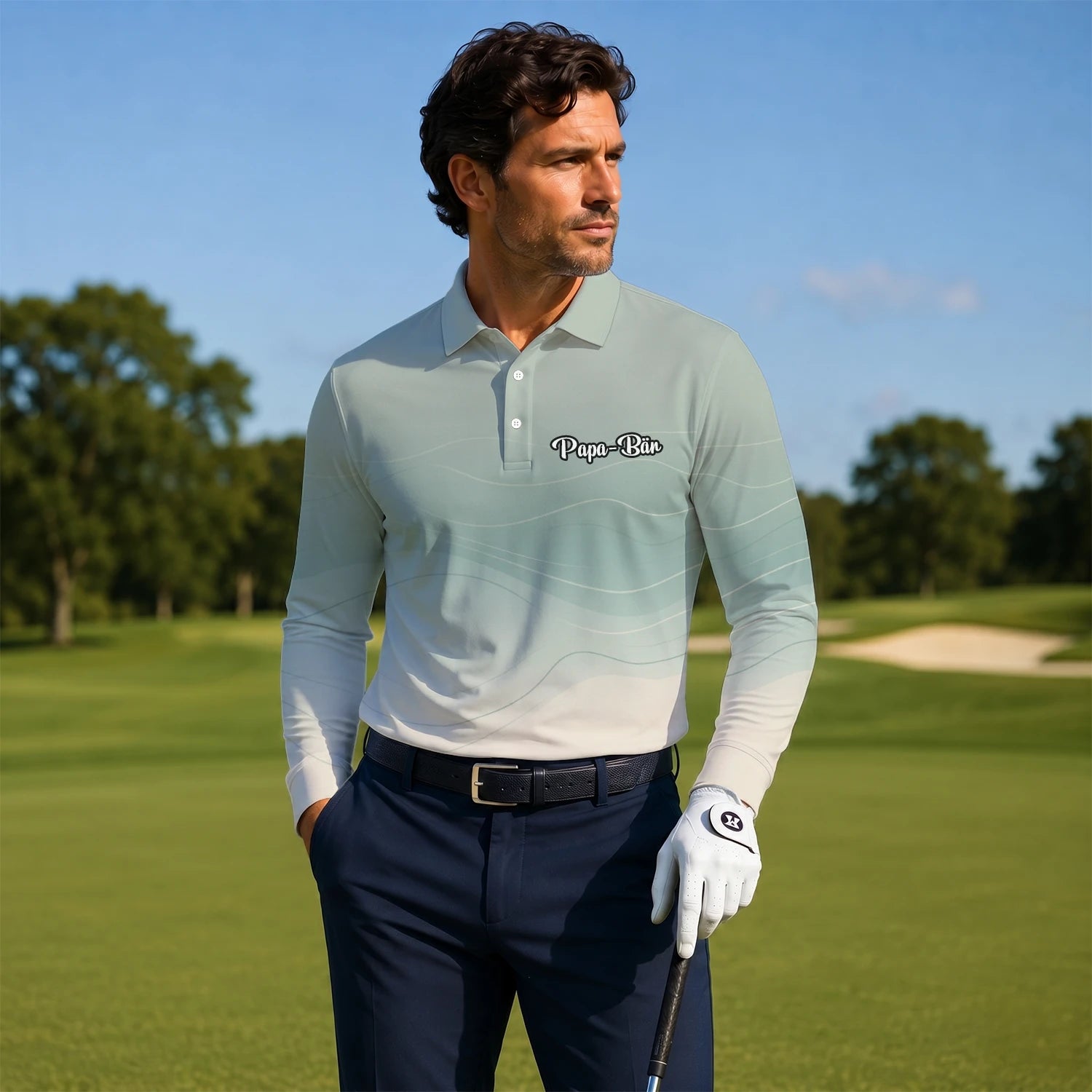 Personalised Sage Green Beige Abstract Wave Golf Polo Shirt For Men X8036