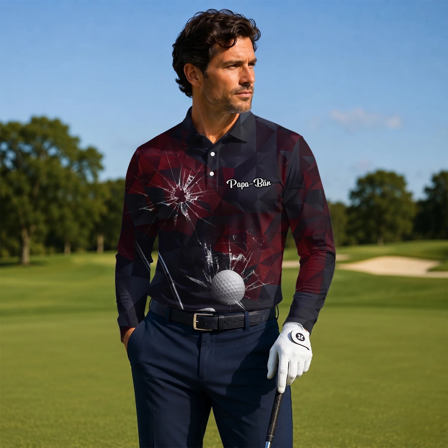 Personalised Black Burgundy Shattered Glass Golf Ball Golf Polo Shirt For Men R4354