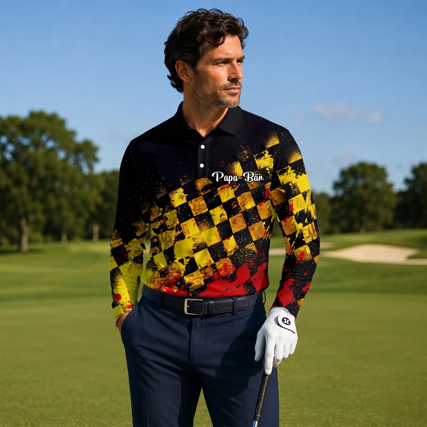 Personalised Black Yellow Red Grunge Checkerboard Golf Polo Shirt For Men R0396