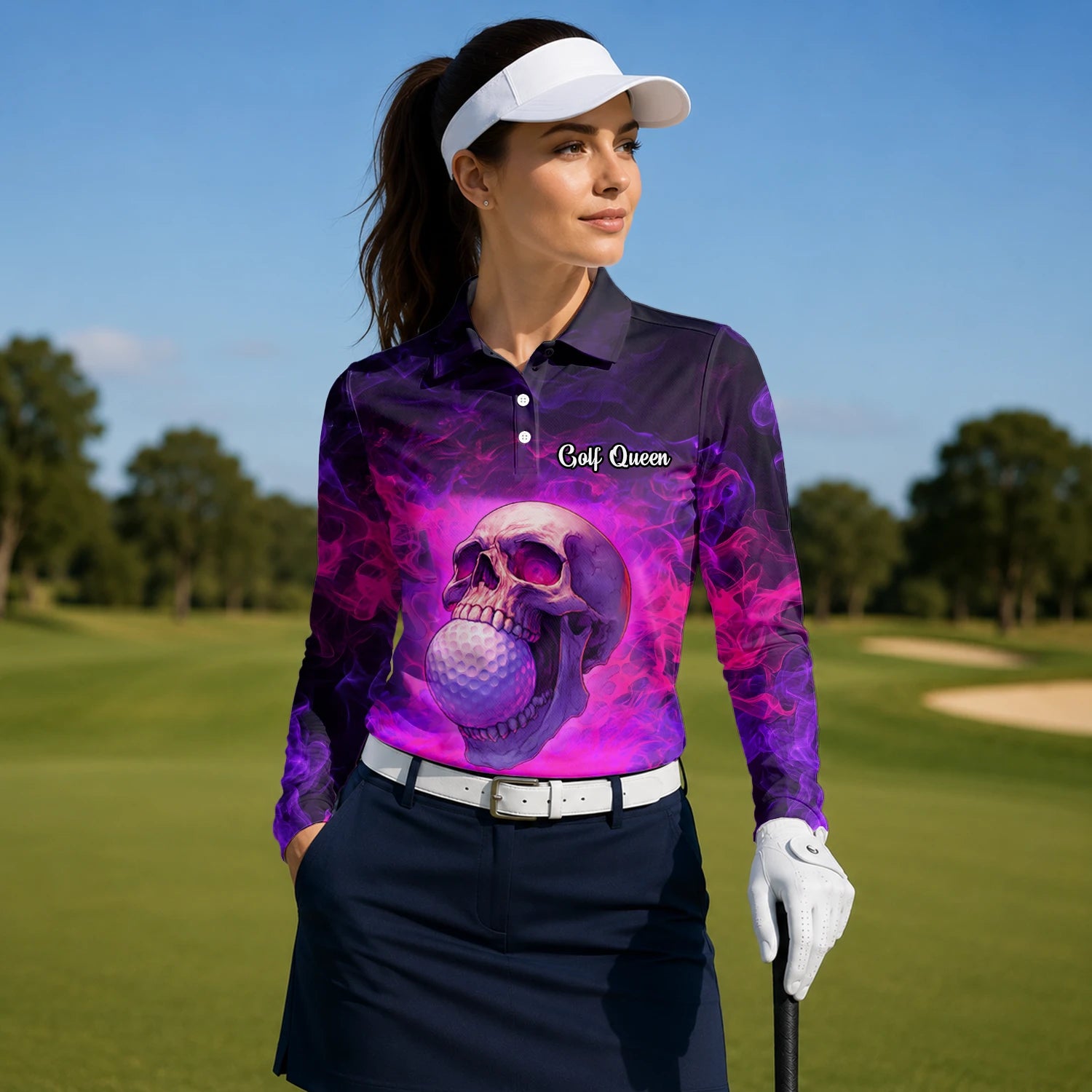 Personalised Purple Pink Skull Golf Ball Smoke Golf Polo Shirt For Women L7637