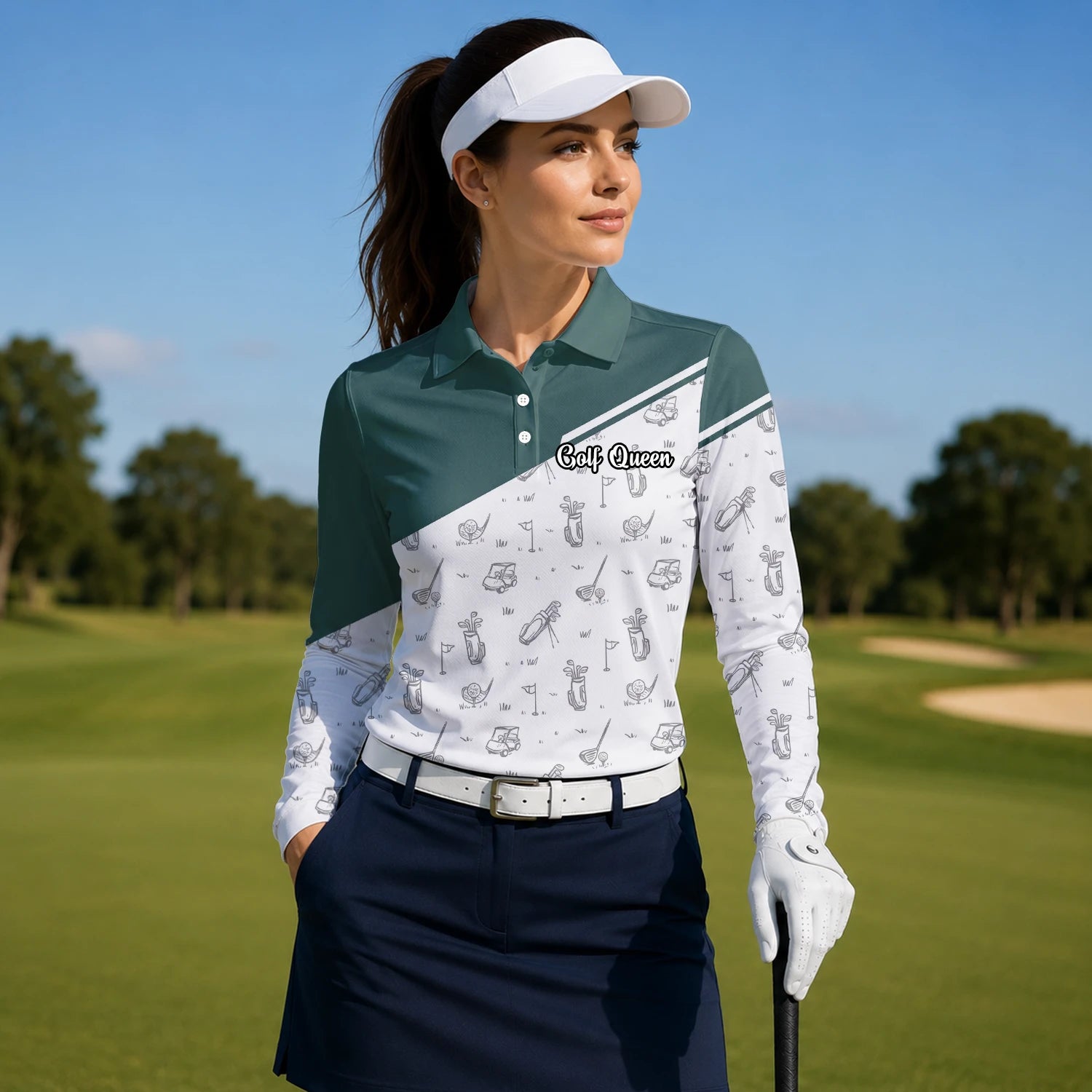 Personalised Green White Golf Club Sketch Golf Polo Shirt For Women L9936