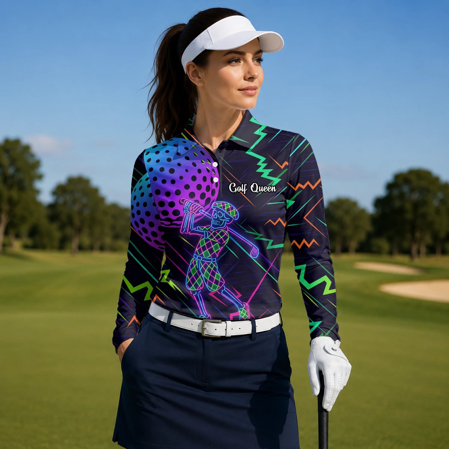 Personalised Black Neon Golfer Wireframe Golf Polo Shirt For Women L1481