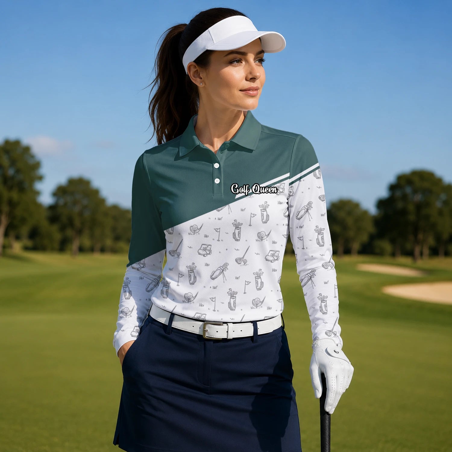 Personalised Green White Golf Club Sketch Golf Polo Shirt For Women L9936