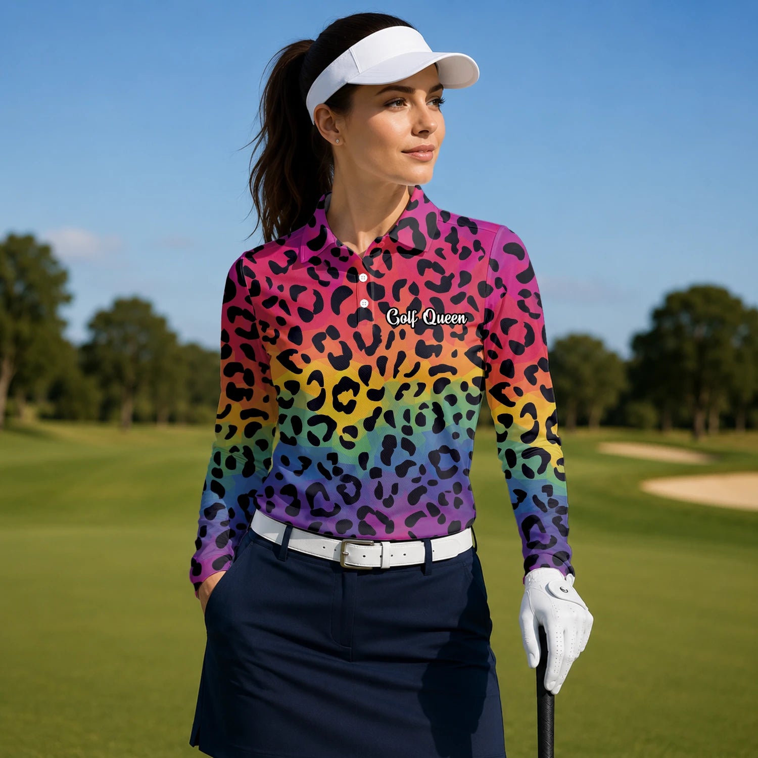 Personalised Rainbow Leopard Print Golf Polo Shirt For Women X1632