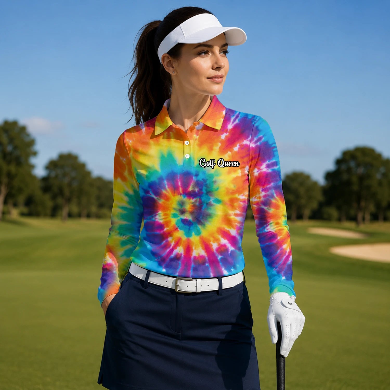 Personalised Rainbow Tie Dye Spiral Golf Polo Shirt For Women S4610