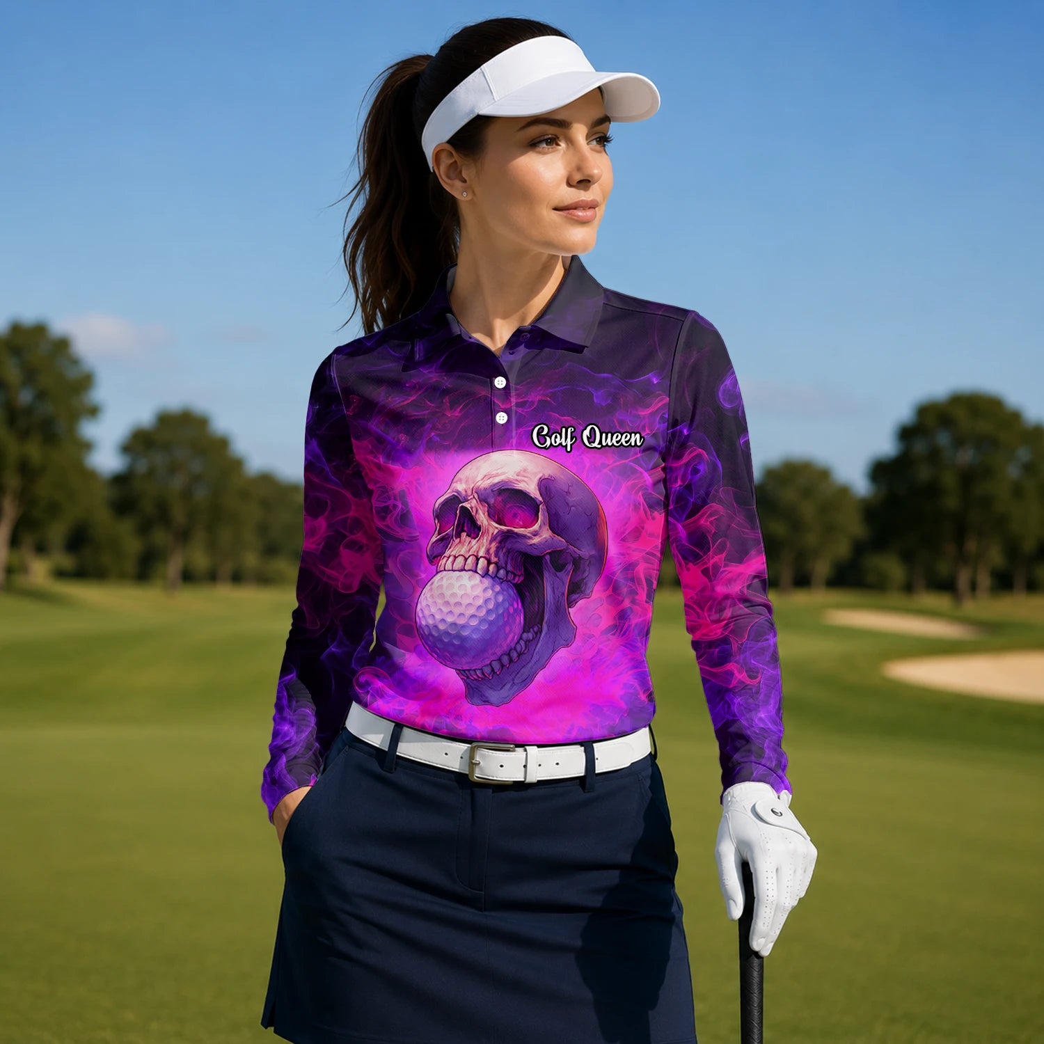 Personalised Purple Pink Skull Golf Ball Smoke Golf Polo Shirt For Women L7637