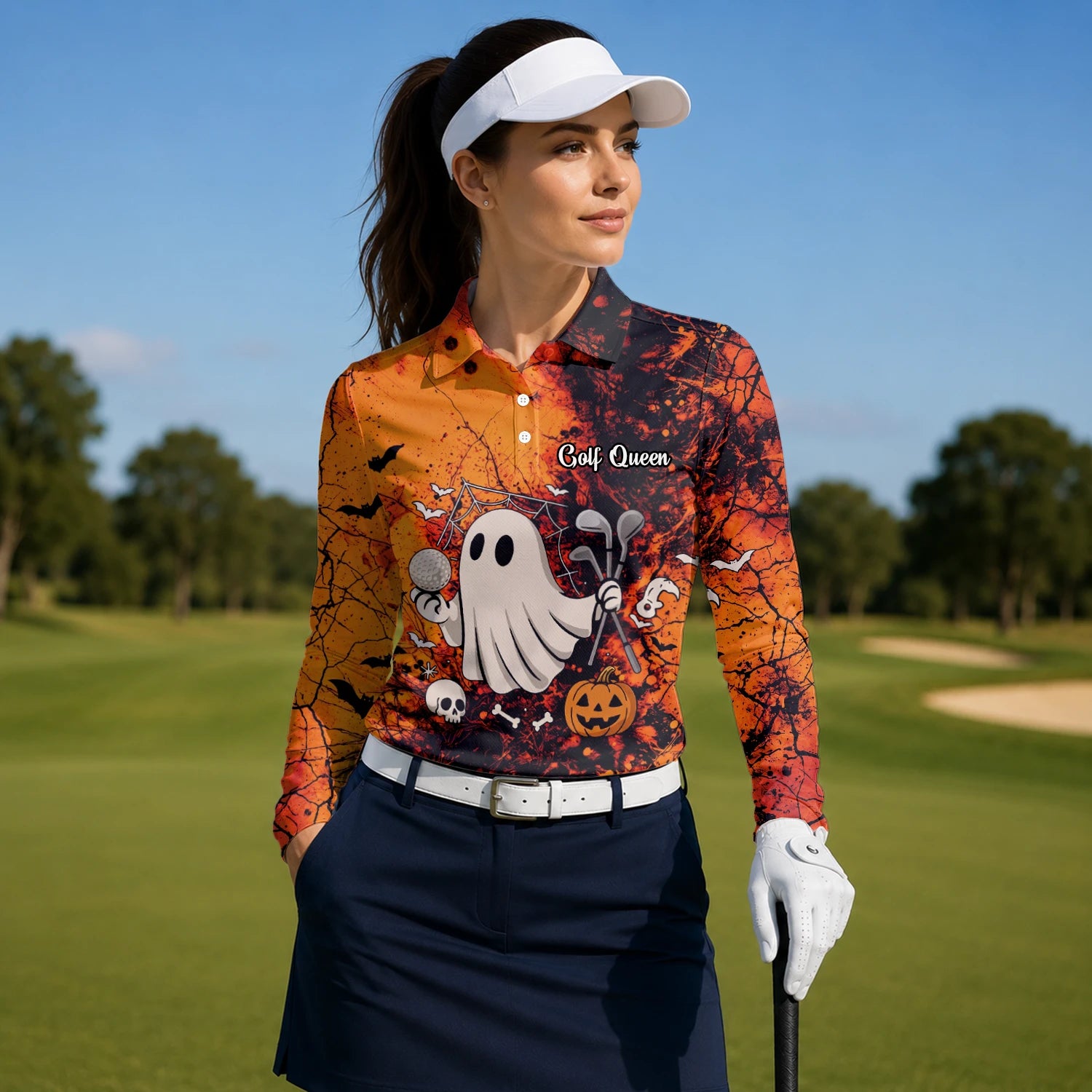 Personalised Orange Halloween Ghost Golfer Golf Polo Shirt For Women M0695