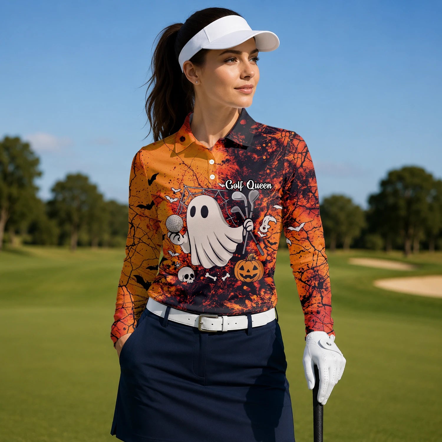 Personalised Orange Halloween Ghost Golfer Golf Polo Shirt For Women M0695