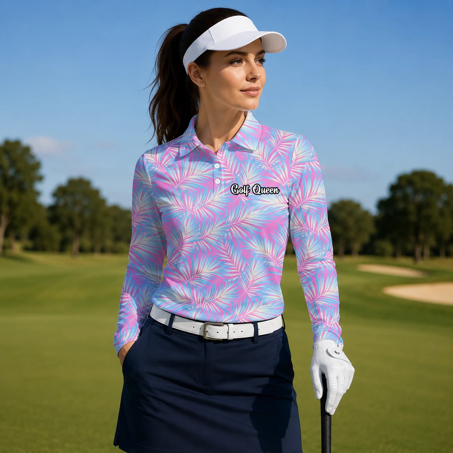 Personalised Pink Blue Palm Leaf Golf Polo Shirt For Women F1458