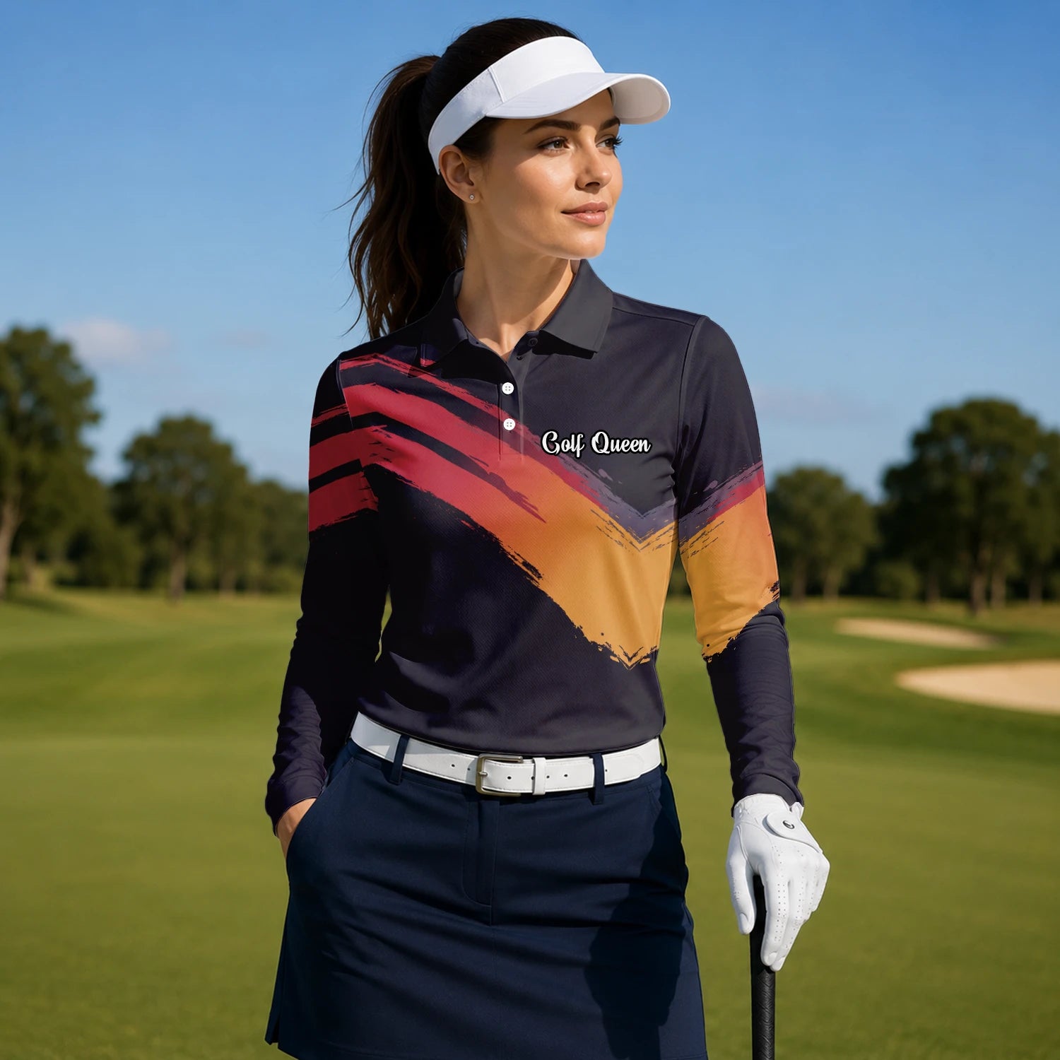 Personalised Black Red Orange Brush Stroke Golf Polo Shirt For Women M6093
