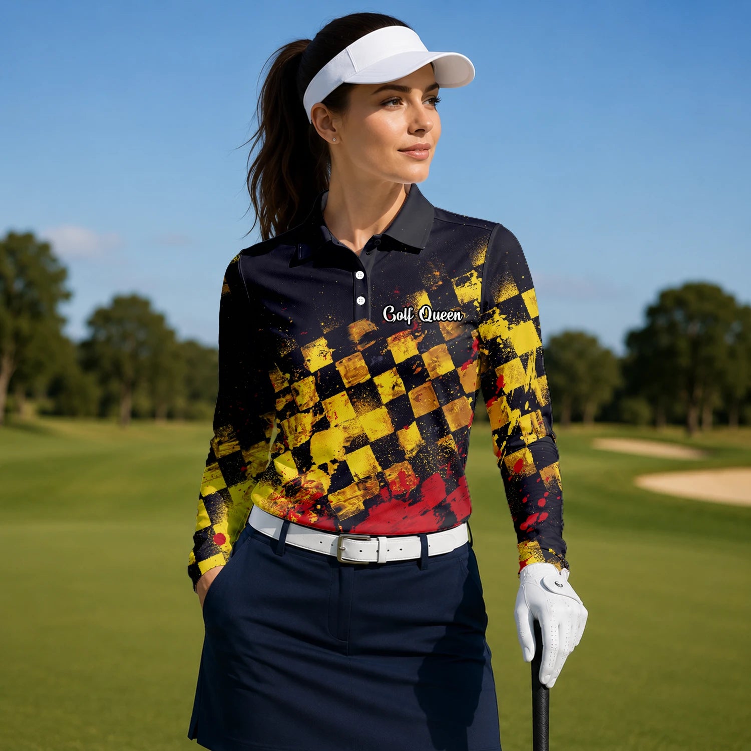 Personalised Black Yellow Red Grunge Checkerboard Golf Polo Shirt For Women R0396
