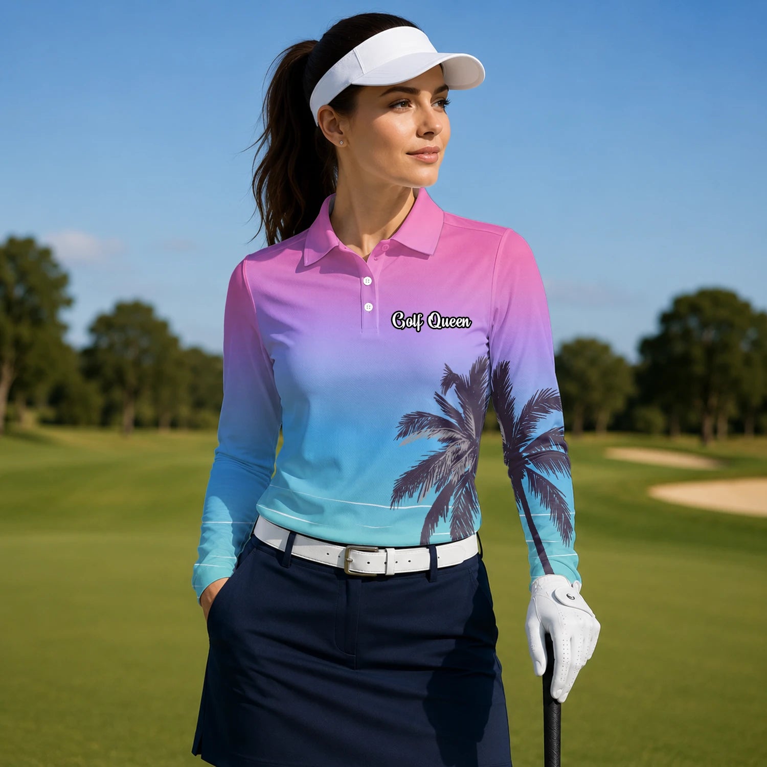 Personalised Pink Blue Palm Beach Sunset Golf Polo Shirt For Women Q3519