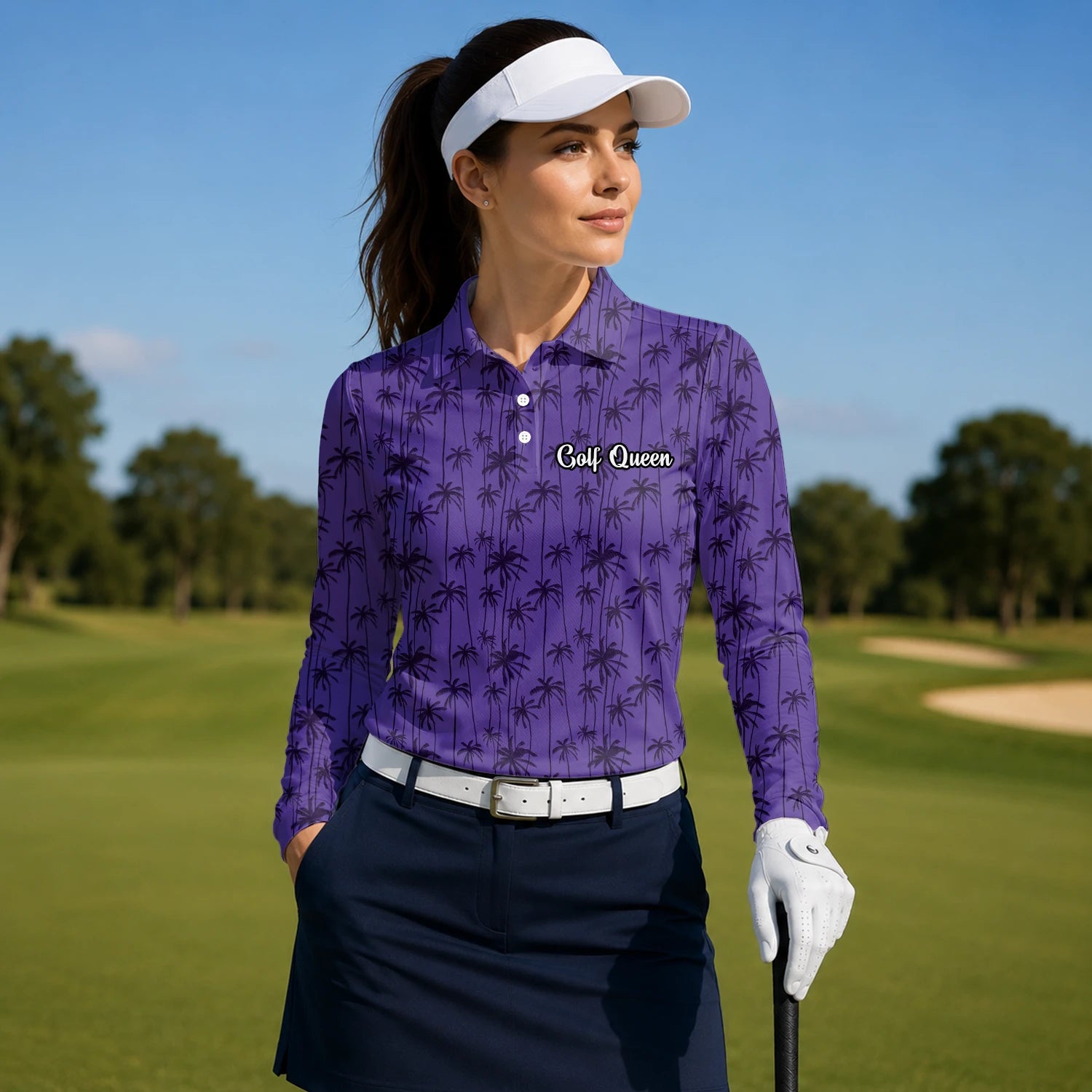 Personalised Purple Palm Tree Silhouette Golf Polo Shirt For Women P3247