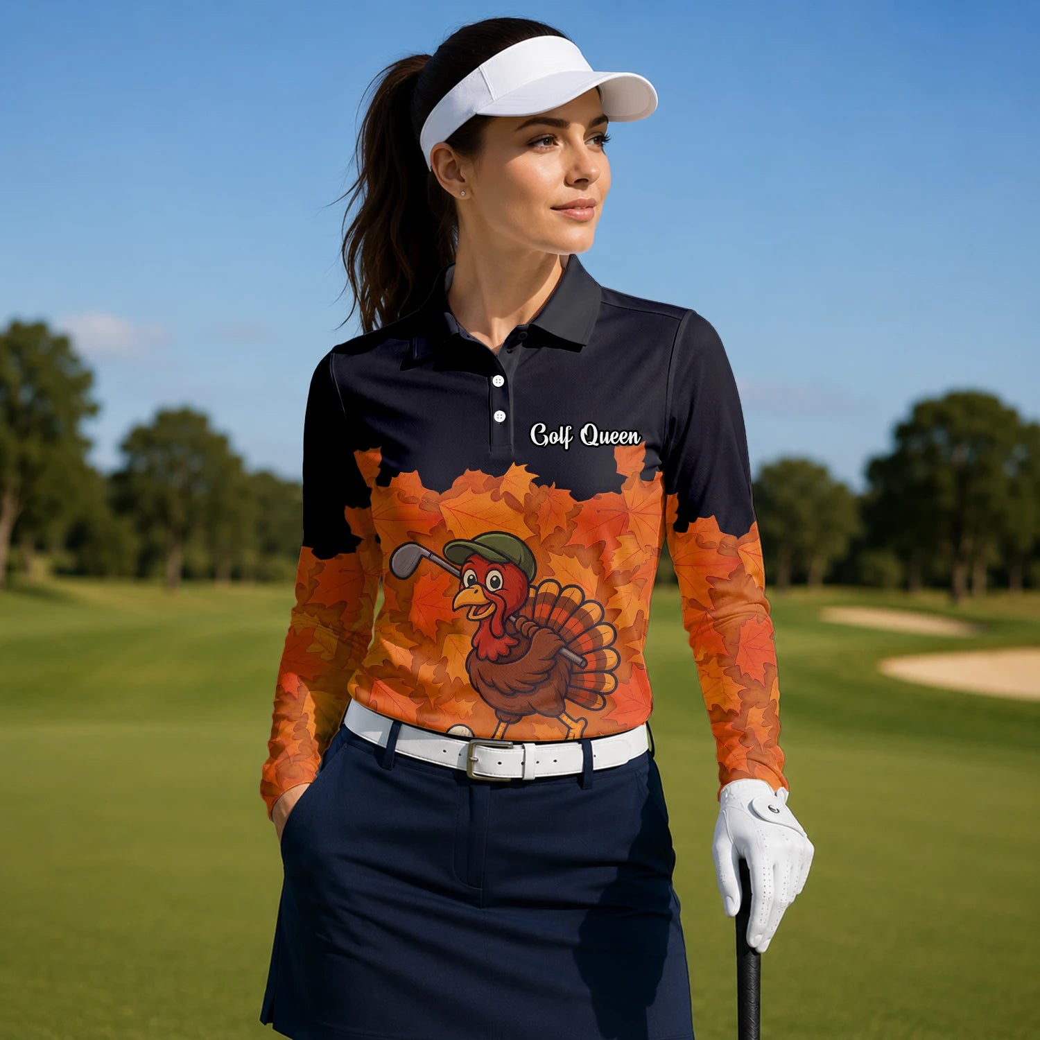 Personalised Black Orange Thanksgiving Turkey Golfer Golf Polo Shirt For Women W0964