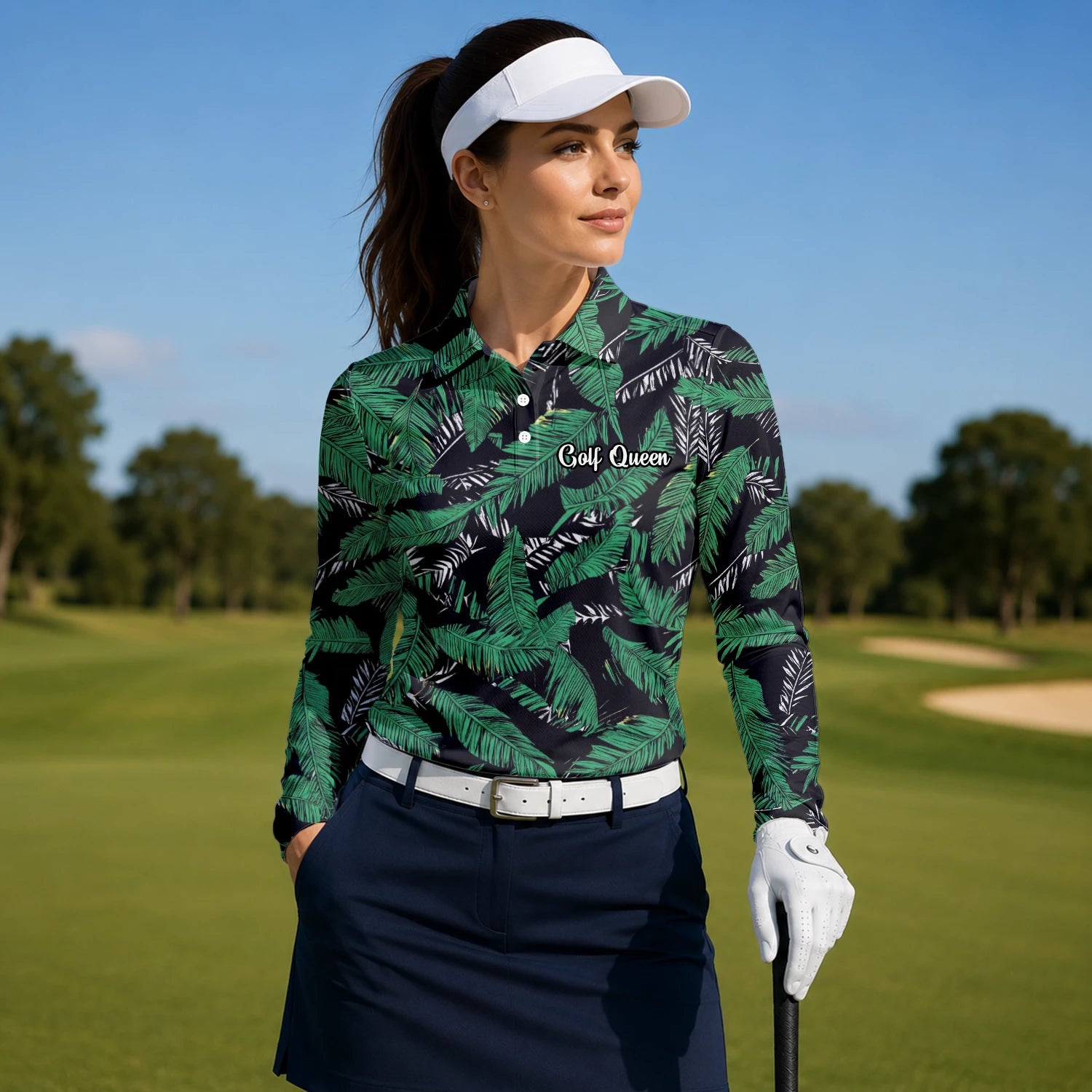 Personalised Black Green Tropical Banana Leaf Golf Polo Shirt For Women K8023