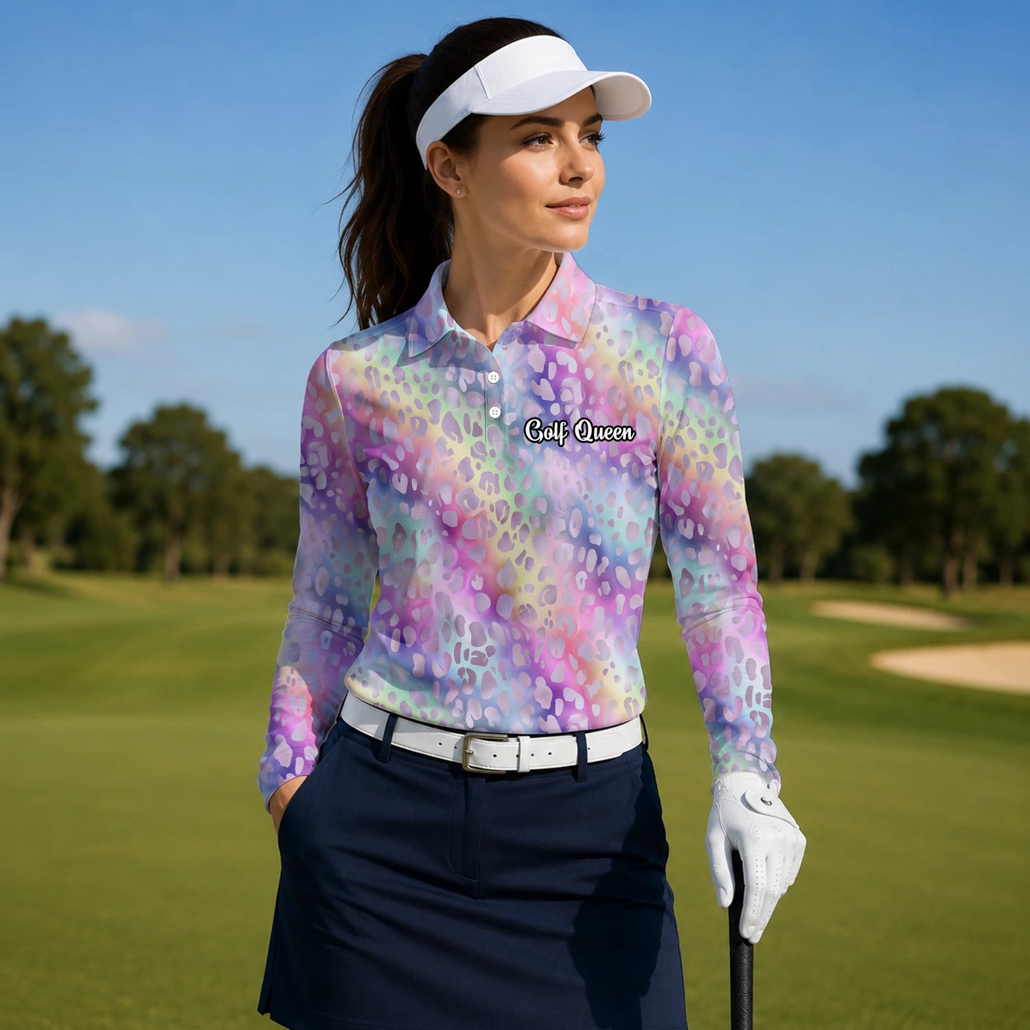Personalised Pastel Rainbow Leopard Print Golf Polo Shirt For Women E5373