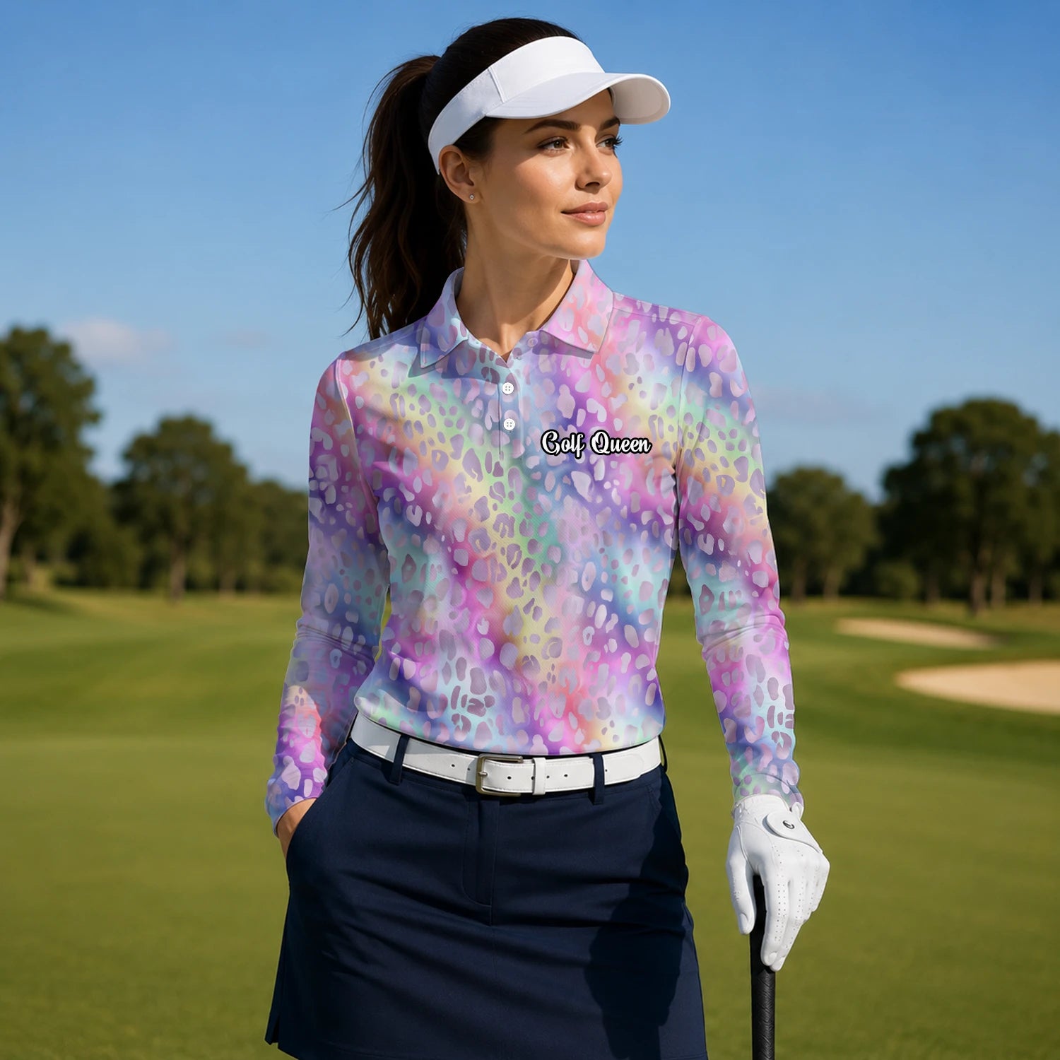 Personalised Pastel Rainbow Leopard Print Golf Polo Shirt For Women E5373