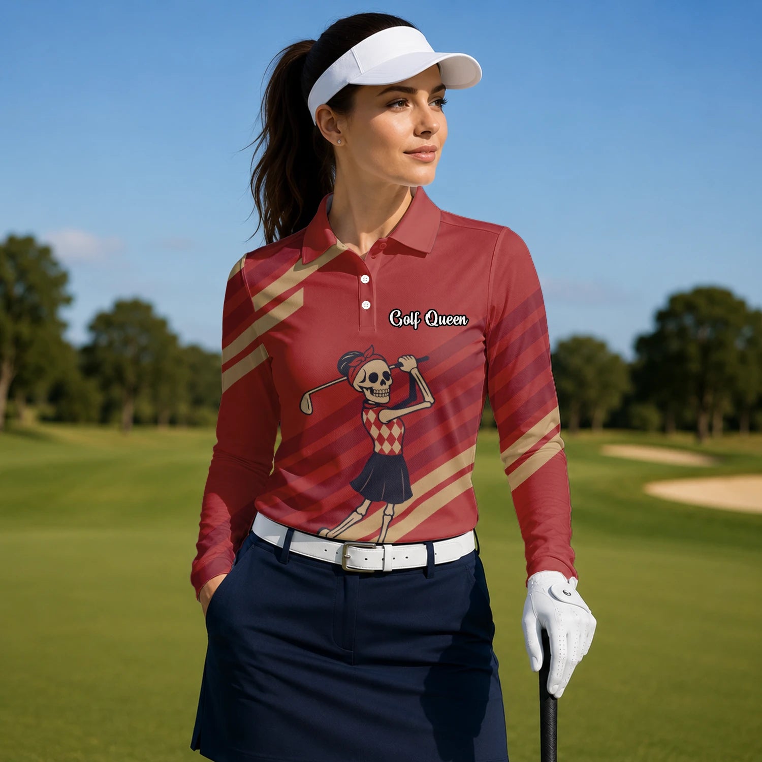 Personalised Red Skeleton Golfer Cartoon Golf Polo Shirt For Women Y0970