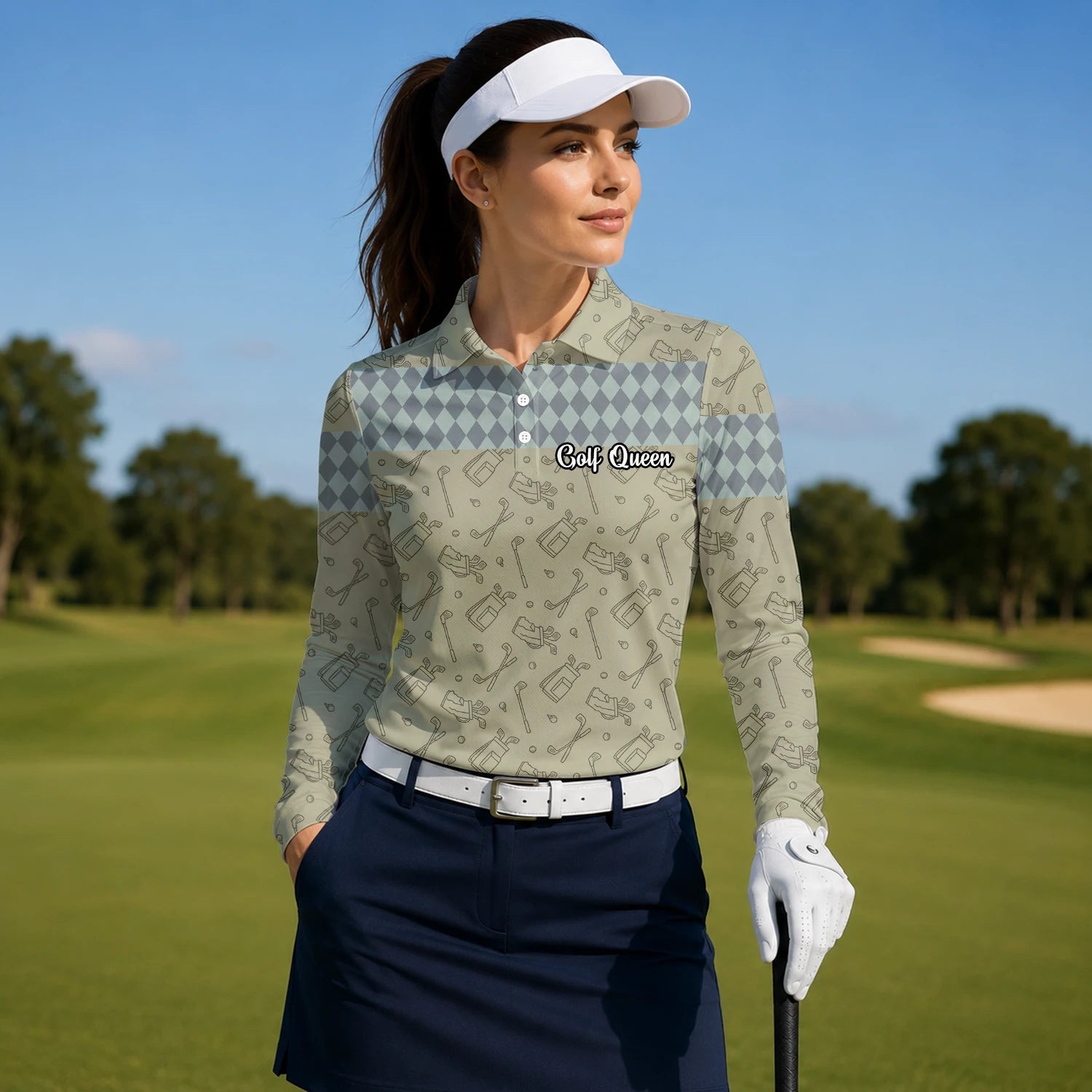 Personalised Khaki Golf Club Sketch Argyle Golf Polo Shirt For Women K5983