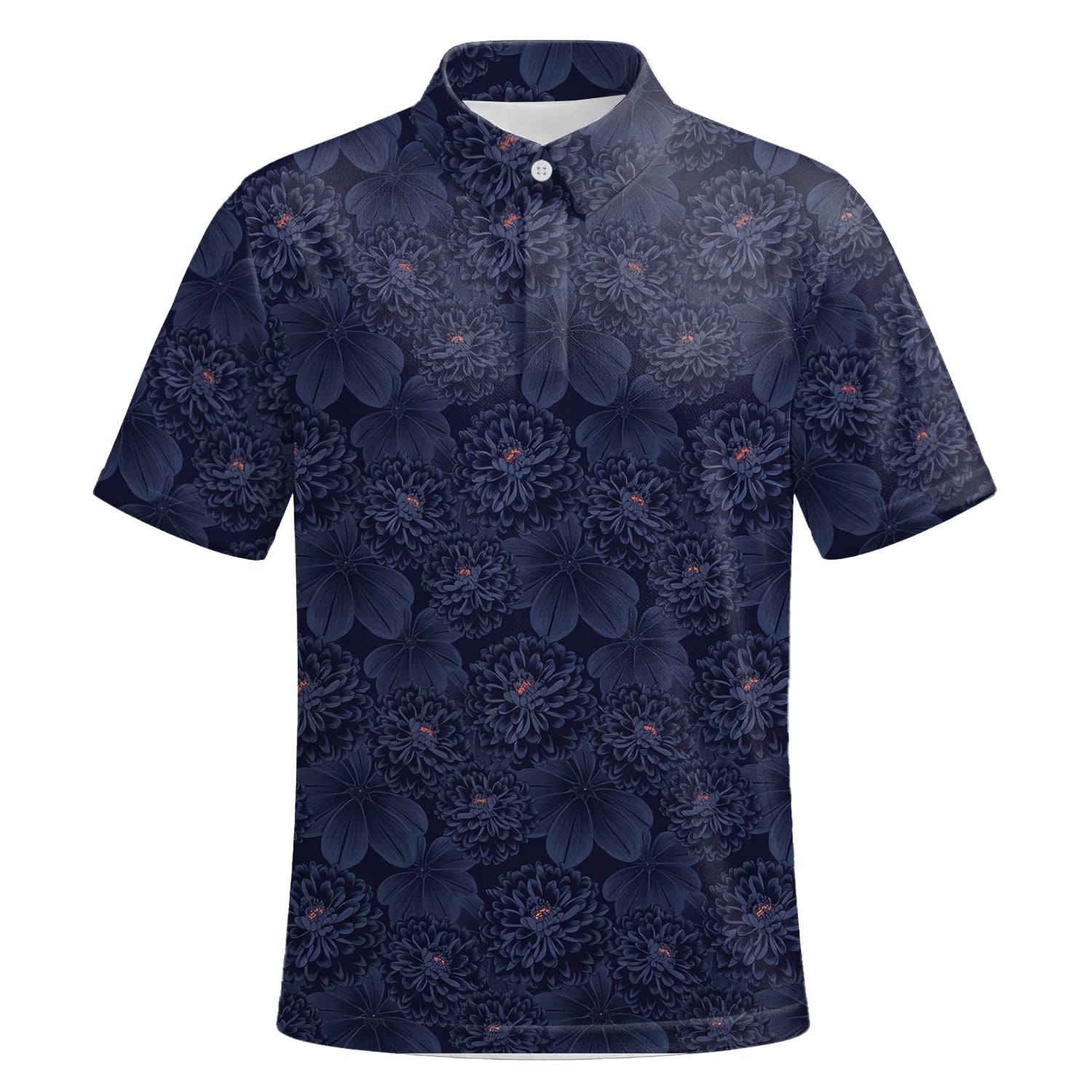 Personalised Dark Navy Chrysanthemum Floral Golf Polo Shirt For Men A0086 | Premium Short Sleeve | 6.webp