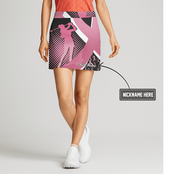Personalized Pink Black White Ribbon & Golfer Print Women's Athletic Golf Skort E6166 main image - S