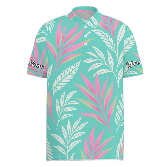 Personalized Golf Polo Shirt Men Tropical Leaf Teal Pink White T6980 main image - Men Polo S