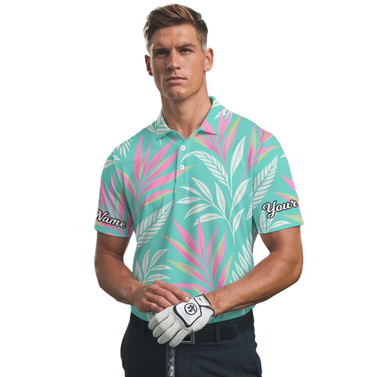 Personalized Golf Polo Shirt Men Tropical Leaf Teal Pink White T6980 additional image 2
