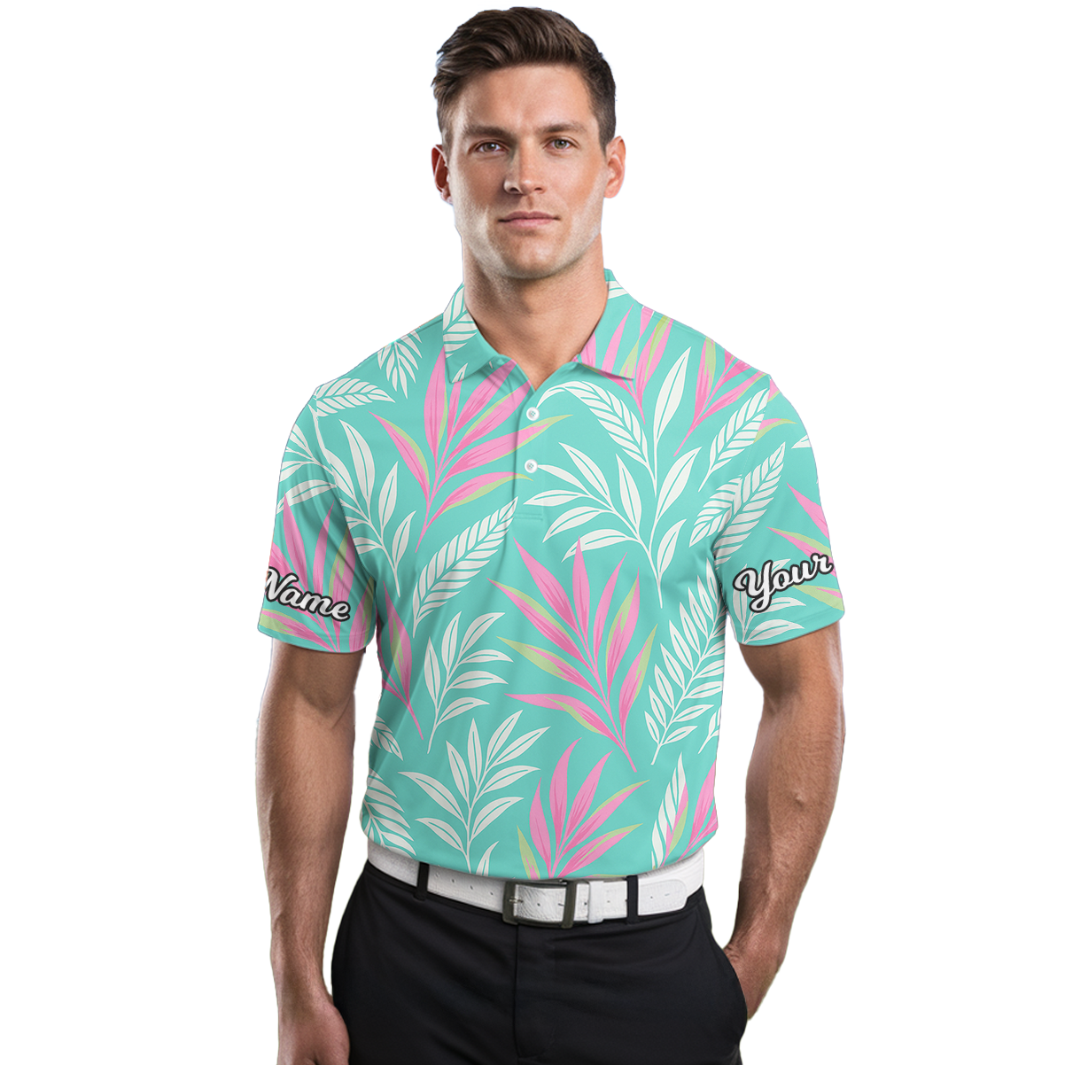 Personalized Golf Polo Shirt Men Tropical Leaf Teal Pink White T6980 additional image 3