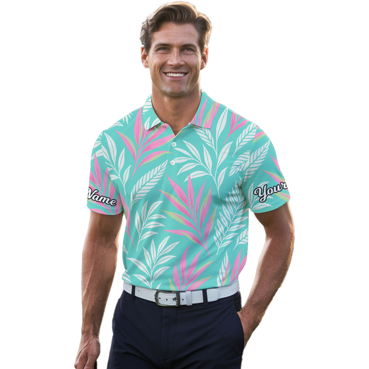 Personalized Golf Polo Shirt Men Tropical Leaf Teal Pink White T6980 additional image 4