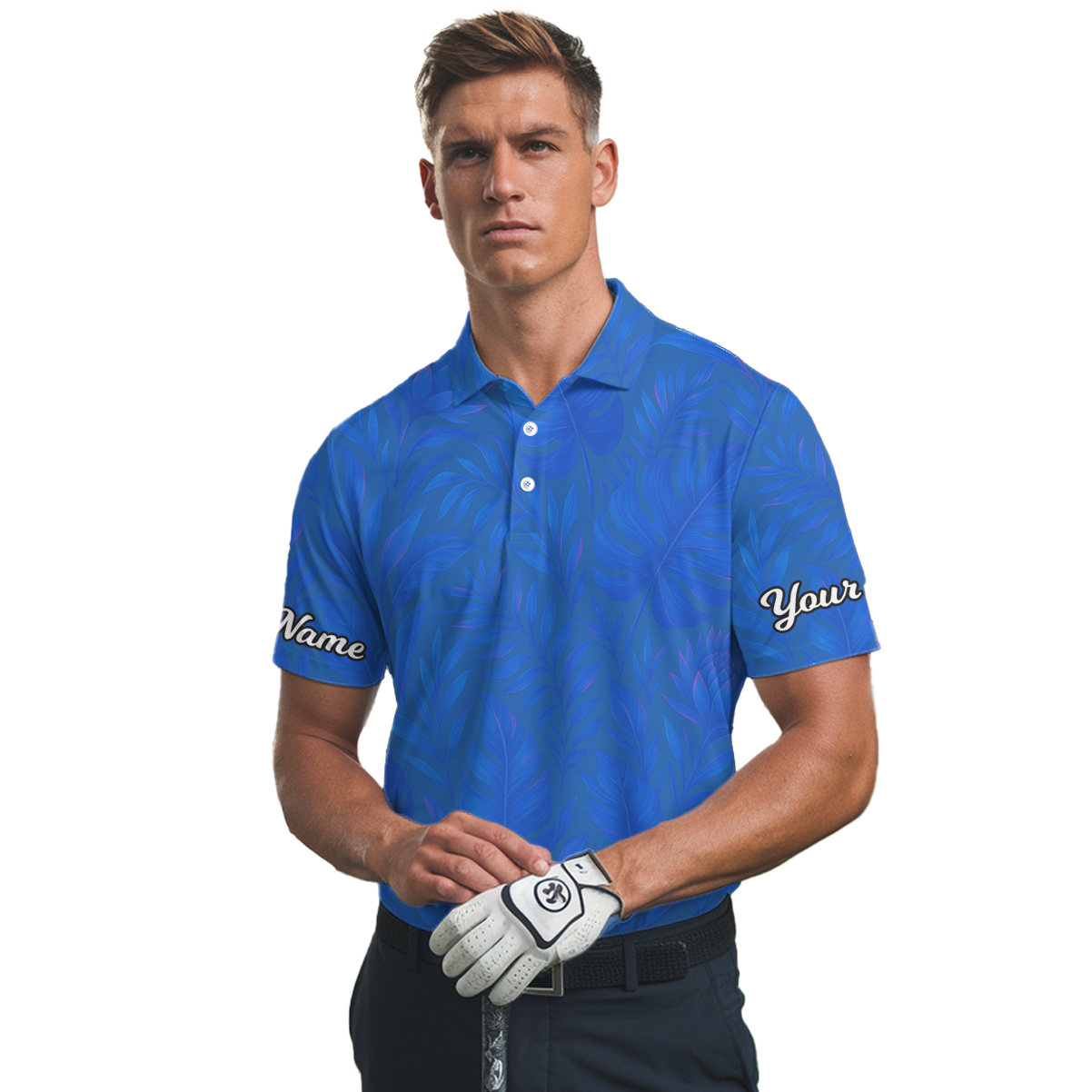 Personalized Blue Tropical Leaves Golf Polo Shirt for Men P7522 additional image 2