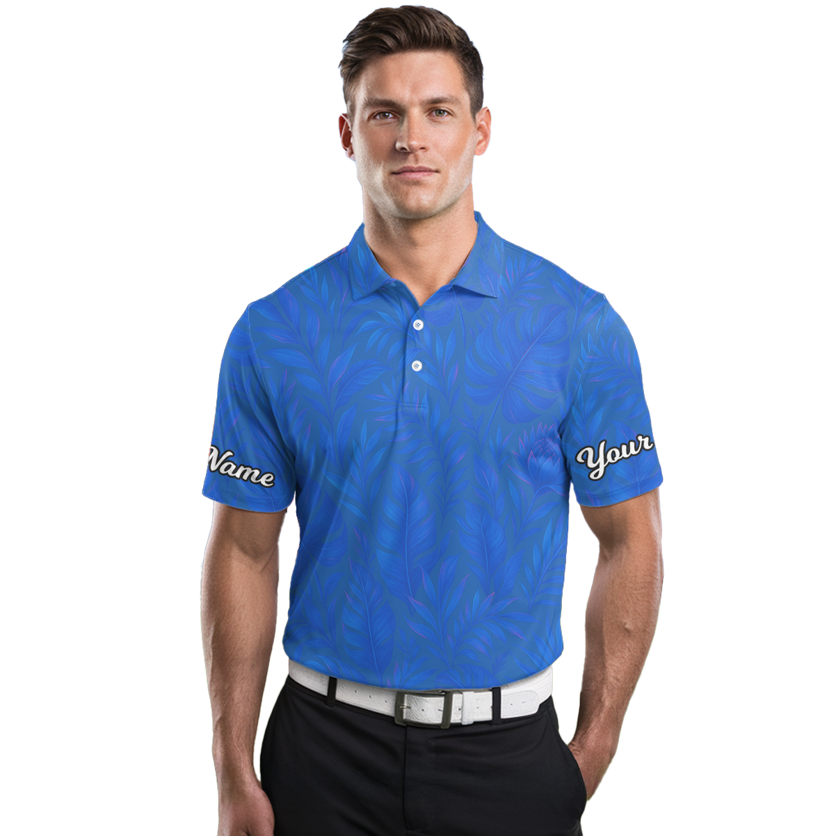Personalized Blue Tropical Leaves Golf Polo Shirt for Men P7522 additional image 3