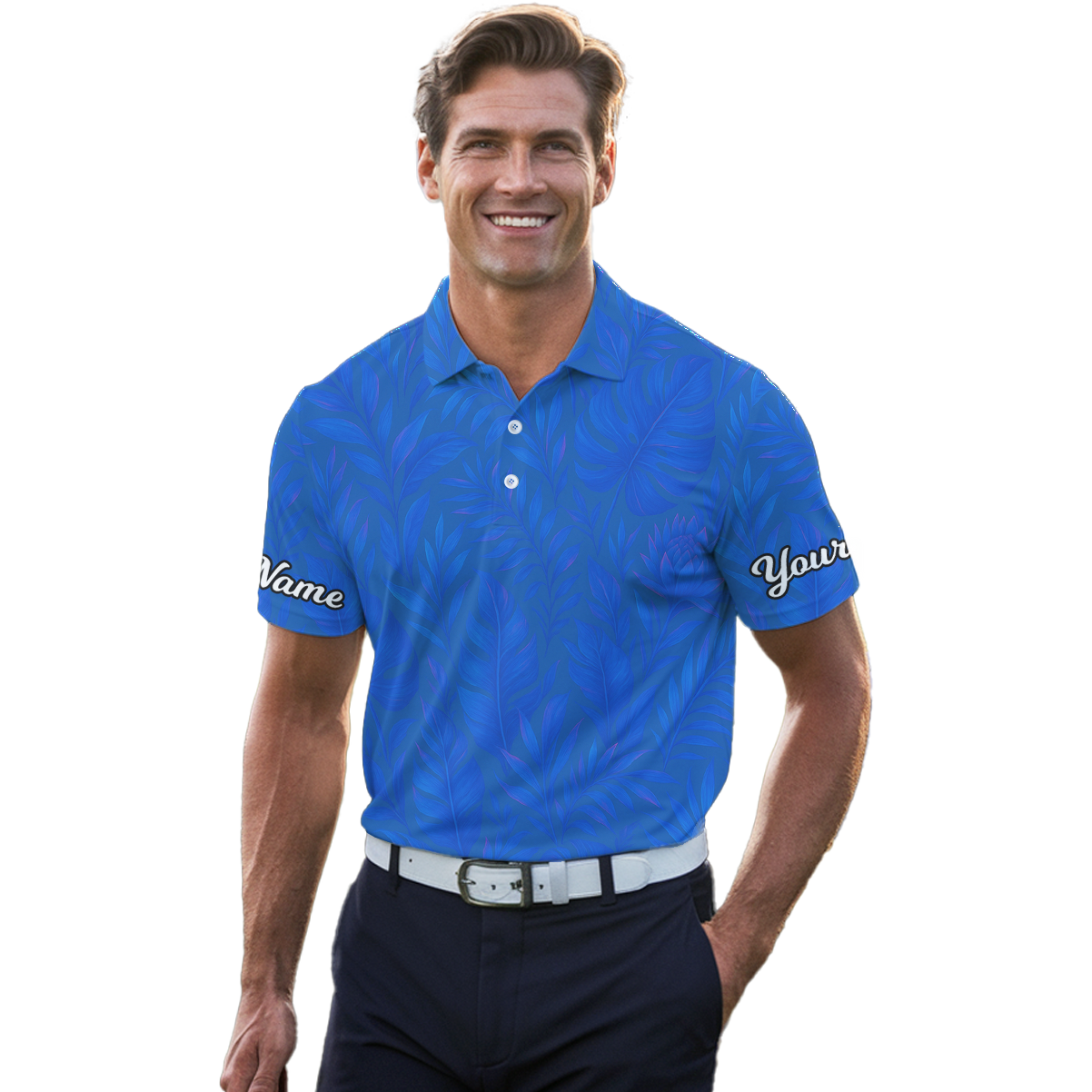 Personalized Blue Tropical Leaves Golf Polo Shirt for Men P7522 additional image 4