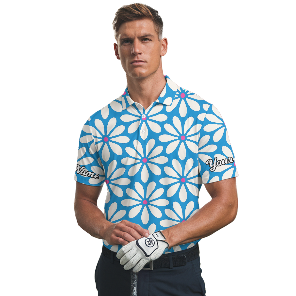 Personalized Daisy Floral Golf Polo Shirt for Men Blue White Pink Y7594 additional image 2