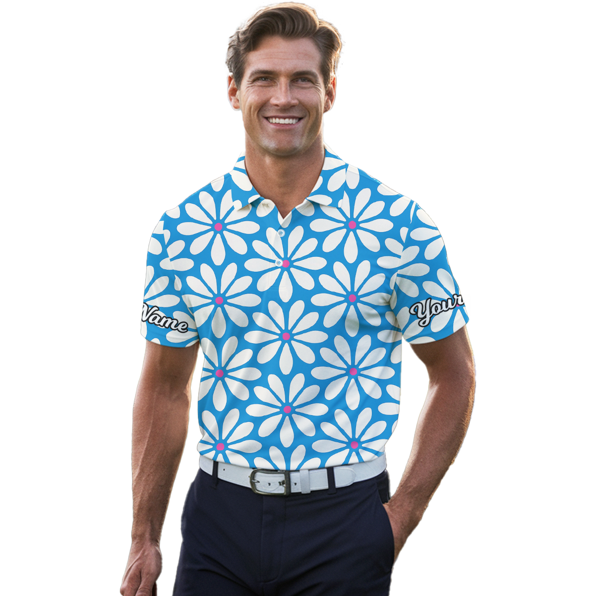 Personalized Daisy Floral Golf Polo Shirt for Men Blue White Pink Y7594 additional image 4