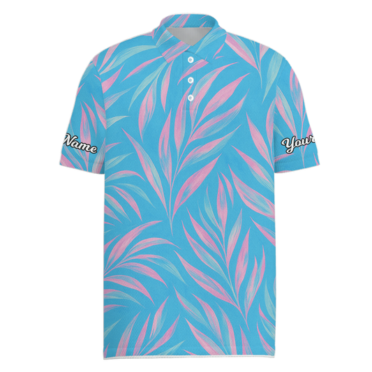 Personalized Golf Polo Shirt Men Tropical Palm Leaf Blue Pink Custom Name D1630 main image - Men Polo S