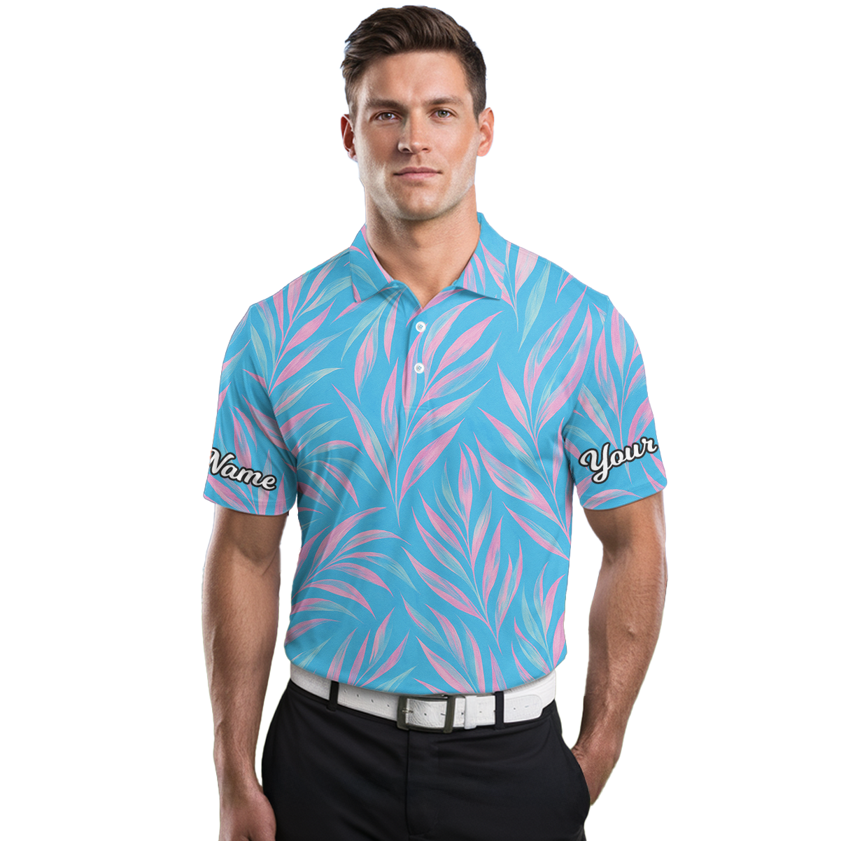 Personalized Golf Polo Shirt Men Tropical Palm Leaf Blue Pink Custom Name D1630 additional image 3
