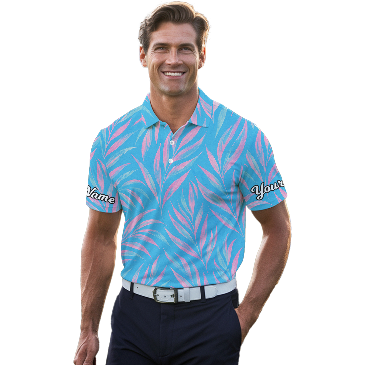 Personalized Golf Polo Shirt Men Tropical Palm Leaf Blue Pink Custom Name D1630 additional image 4