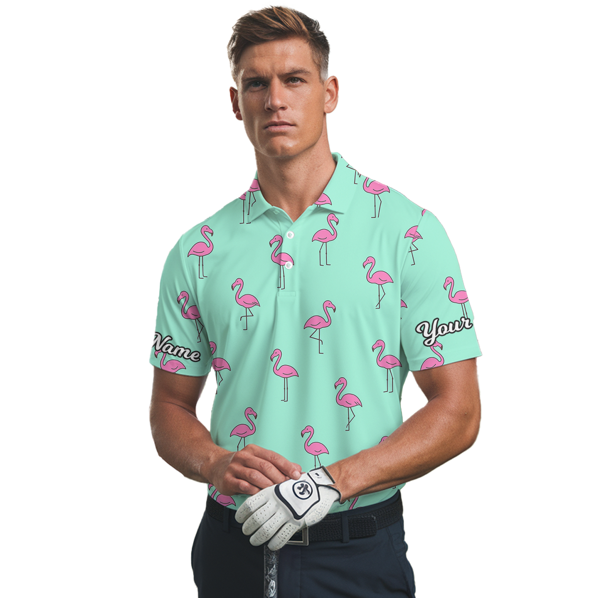 Personalized Pink Flamingo Golf Polo Shirt Teal for Men M9190 additional image 2
